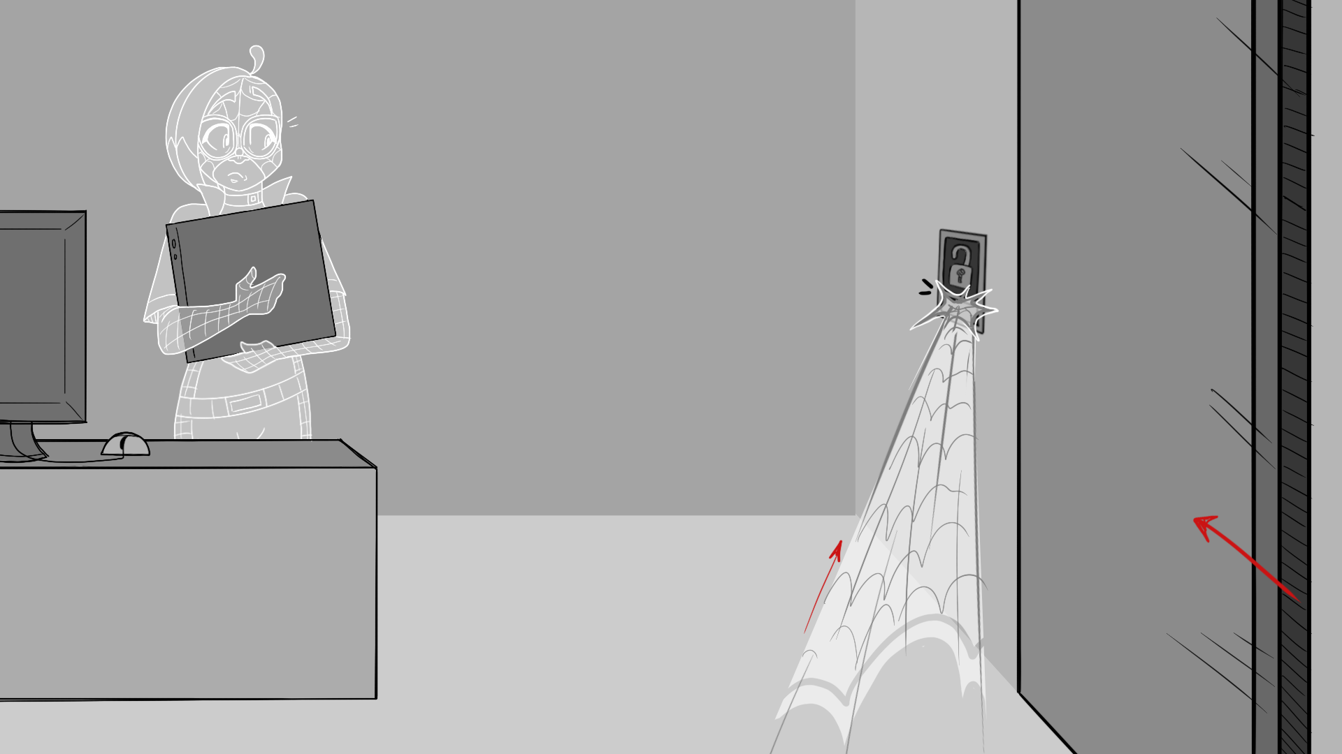 Storyboard preview 3. Emma shoots a web at the door panel and opens it, as Alex grabs the PC.