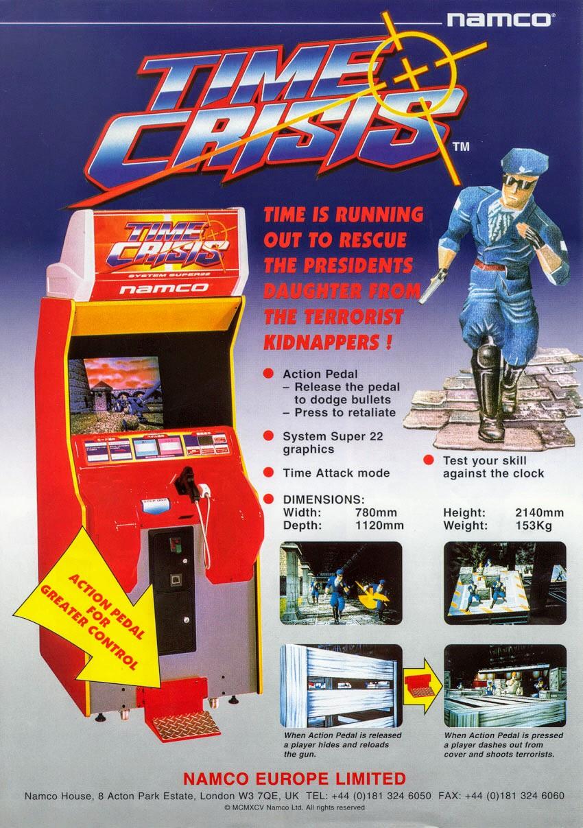 Image For Post | **Description**
Time Crisis is a light gun shooter arcade game, developed and released by Namco in 1995, and the first title to be released in the series of the same name. The game differentiated itself from other light gun shooters of the time by incorporating a pedal that controls when the player character takes cover to reload and avoid enemy fire. Players have a limited amount of time to clear each section by defeating enemies. 

Time Crisis is a rail shooter similar to Virtua Cop in gameplay style. The player moves automatically, using the light gun to eliminate appearing enemies, after which he can proceed to the next screen. The stages typically culminate in boss battles. The player can also press a button to make Richard dive for cover. However, using this feature too much might result in expiration of the time limit imposed on each screen.

The game's story focuses on Richard Miller, a secret agent, who is sent to rescue a kidnapped woman from a ruthless tyrant seeking to reclaim control of their former country from a new regime.