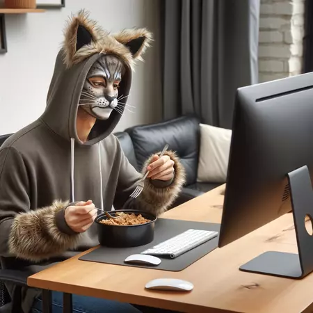 A person in a cat costume sitting at a computer desk and eating. The costume includes furry ears, a tail, and painted whiskers on the face. The individual is casually dressed, with the essence of a cat captured in the outfit. They are enjoying a meal while focused on the computer screen, possibly engaged in work or play. The setting is a cozy room with a comfortable chair, and the desk is equipped with modern computer equipment, suggesting a relaxed home environment.