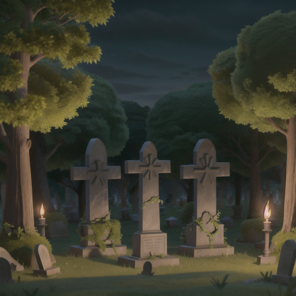One piece anime gravestones in a graveyard background on Craiyon