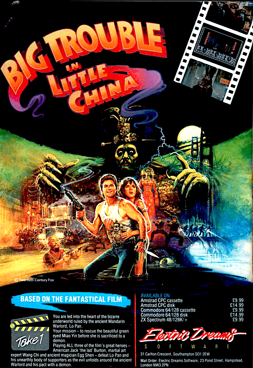 Image For Post | In this tie-in to the 1986 John Carpenter movie starring Kurt Russell, you must thwart the evil plans of Mandarin Lo Pan who has kidnapped two green-eyed girls in order to marry and sacrifice them in order to become mortal again. You play as 3 characters, one at a time, in this action platformer:

- Jack Burton, a burly but bit dumb action hero who fights with fists and later with a "Bushmaster" gun. Ammo must be found to be able to keep using it.

- Wang Chi, whose girlfriend along with Jack's has been kidnapped, uses Martial Arts and later a sword when found. More swords will be needed as they will break after awhile.

- Egg Shen is a magician who has vowed to stop the ancient prophecy from coming about, and fights with magic bolts which can turn later on into more powerful lightning if magic potions are found.

Each character has an energy status bar at bottom of screen represented by a Yin and Yang Symbol that slowly disappears but can be replenished by finding food. A weapons symbol is shown if they possess it and magic potion symbol will give them extra strength if found. You must alternate among the 3 characters to keep their status from falling too low and dying, and each has to pick up their own appropriate weapons. They all can move forwards and backwards, jump, duck and attack at different heights.

They have to fight through several levels including the streets of Chinatown, where martial artist enemies await and gunmen that must be avoided until more experience is gathered. Further on, you go into the sewers where additional monsters must be avoided by jumping over them. Then they will reach the rooms of the underground lair of Lo Pan where large-hat wearing elementals called Storms await. The final battle takes place in the Marriage chamber where armoured warriors and the levitating Lo Pan must be vanquished in order to free the kidnapped girls.