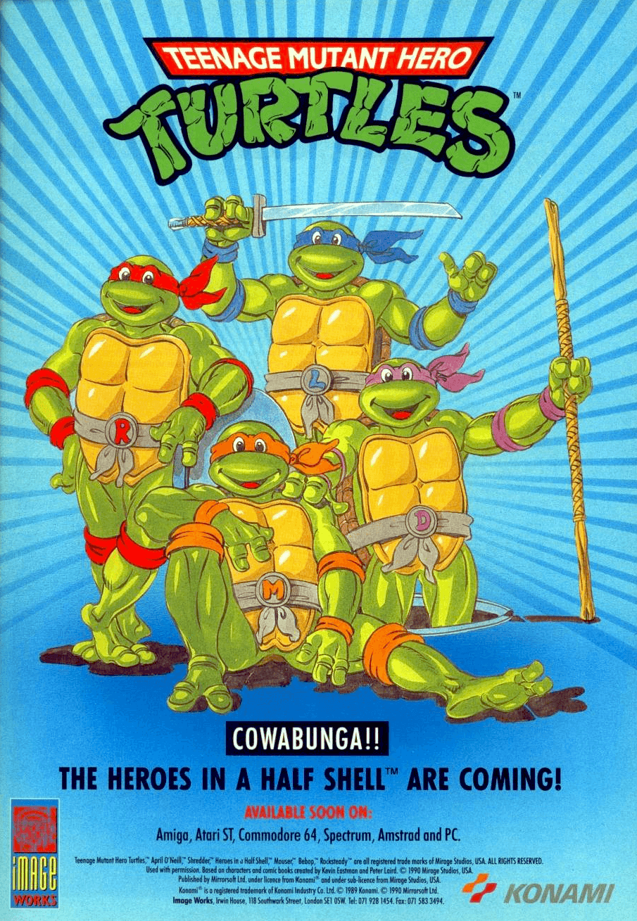 Image For Post | Teenage Mutant Ninja Turtles is a 1989 side-scrolling platform game for the Nintendo Entertainment System [initially] released by Konami.[2] In North America it was published the Ultra Games imprint in the USA and the equivalent PALCOM brand in Europe/Australia.

Alongside the arcade game [https://imgur.com/a/bWnMfYJ] (also developed by Konami), it was one of the first video games based on the 1987 Teenage Mutant Ninja Turtles animated series, being released after the show's second season.

**Description**  
With April O'Neil held hostage by The Shredder's thugs, Bebop and Rocksteady, once again, it's up to the Teenage Mutant Ninja Turtles to come to her rescue! Play as all four of the turtle heroes, rescue April, and then rescue your sensei Splinter from Mecha-Turtles clutches, and then go after The Shredder deep in the bowels of The Technodrome itself.

Teenage Mutant Ninja Turtles is an action game based on the late eighties/early nineties cartoon series of the same name. Play as Leonardo, Michaelangelo, Donatello and Raphael (one turtle only, but the ability to swap between turtles at any time) as you save your friends and battle The Shredder and his cronies. There are no 'lives', as such - when you lose a turtle, he becomes 'captured', and you cannot use him again until you rescue him from a place hidden in the overworld.

Gameplay takes place in two perspectives: a top-down view, which lets you run around and explore buildings, sewers and other places. When entering places from the top-down view, the perspective shifts to a side-scrolling view, where most of the battling takes place. In addition to each turtle's main weapon, sub-weapons (such as shuriken) can be acquired, to use at foes - these have a limited use.


**Regional differences**  The game was released for the Family Computer (or Famicom) in Japan a few months earlier than the American NES version under the title Geki Kame Ninja Den (Japanese: 激亀忍者伝, which loosely translates to "Legend of the Radical Ninja Turtles")[2] This was the first T.M.N.T. product released in the country, predating the Japanese dub of both the first film and the animated series. 

Subsequent T.M.N.T. video games released in Japan kept the franchise's original title. While graphics and gameplay are virtually identical to its NES counterpart, the Japanese localization changed the plot a bit by turning April O'Neil from an acquaintance of the Turtles into Splinter's daughter.[3] 

The game was released as Teenage Mutant Hero Turtles in all European territories. The Australian version was released with the series' original title (Australia always used the "ninja" title), with a different box. 

**Copy protection**  
TMNT was one of a few games from the period that featured copy-protection via a code sheet printed on so-called "copy proof" paper. This is dark maroon paper with black ink which most black and white copiers would not be able to copy in a readable form. The code sheet which was stapled into the game manual, featured hundreds of four digit numbers in a grid which you needed to look up to get into the game. 

**Buggy DOS version**  
The DOS version of the game released in the USA is infamous on its own right. Apart from being usually derided as a poor game (nothing unusual when it comes to games covering comic book, film or TV licenses), a glitch made it impossible to reach the end of an intermediate stage. The only way to reach the further stages was by using passwords. Apparently the UK version of the game (labeled as "Teenage Mutant Hero Turtles", as opposed to "Ninja Turtles") corrected this bug and can be finished without cheating. 

**Cover art**  
The reason why the Turtles all wear red masks on the cover [US/Canadian box arts] is because that's how it was in the comics. 

**References**  
In the movie The Wizard, Jimmy is seen playing the Teenage Mutant Ninja Turtles at the arcade at the Casino in Reno. 

**Title**  
The translated Japanese title is "Ultra Turtle Ninja Legend". 

**Sequels**  
The game got 3 sequels: Teenage Mutant Ninja Turtles II: The Arcade Game in 1990, Teenage Mutant Ninja Turtles III: The Manhattan Project in 1991, and Teenage Mutant Ninja Turtles IV: Turtles in Time in 1992. 

 **Alternate Titles**  
    "激亀忍者伝" -- Japanese spelling
    "Tortugas Ninja" -- Spanish title
    "TMNT" -- Abbreviated title
    "TMHT" -- Abbreviated title (Europe)
    "Teenage Mutant Hero Turtles" -- European title
    ""Les Tortues Ninja"" -- French title
    "Gekikame Ninja Den" -- Japanese title
    "げきかめにんじゃでん" -- Alternate Japanese spelling (Hiragana)