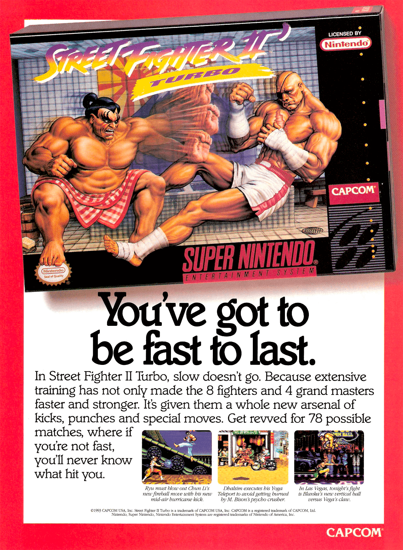Image For Post | Street Fighter II Turbo: Hyper Fighting[a] is a competitive fighting game released for the arcade by Capcom in 1992. It is the third game in the Street Fighter II sub-series of Street Fighter games following Street Fighter II: Champion Edition. Released less than a year after the previous installment, Hyper Fighting introduced a faster playing speed and new special moves for certain characters, as well as further refinement to the character balance.

Hyper Fighting is the final arcade game in the Street Fighter II series to use the original CP System hardware. It was distributed as an upgrade kit designed to be installed into Champion Edition printed circuit boards. The next game in the series, Super Street Fighter II, uses the CP System's successor, the CP System II.

Choose from twelve street fighters from around the world, skilled in a variety of martial arts -- for instance, a character named E.Honda is a sumo wrestler from Japan, while Ken is a master of Tae Kwon Do from the United States. Journey to different countries to defeat other fighters, eventually leading up to a battle with evil man M.Bison. Besides the standard punches and kicks, each character can also execute special moves, such as energy projectiles or lightning-fast kicks, for more damage or to create a chain of hit combos.