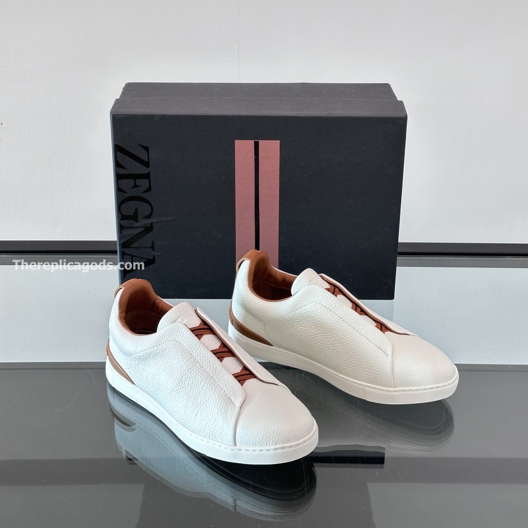 WHITE AND BROWN LEATHER TRIPLE STITCH SNEAKERS