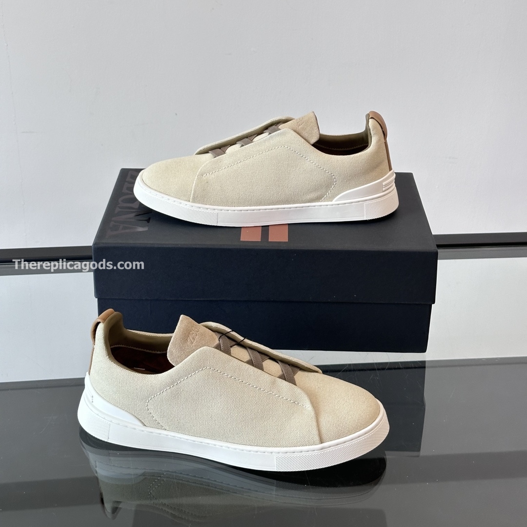 LIGHT BEIGE COTTON LINEN AND LEATHER TRIPLE STITCH SNEAKERS