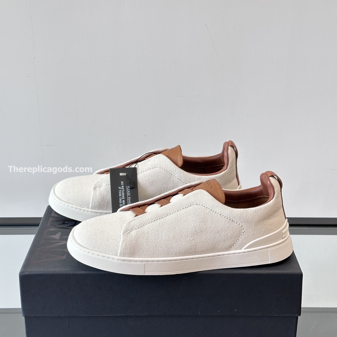 DUST WHITE COTTON LINEN AND LEATHER TRIPLE STITCH SNEAKERS