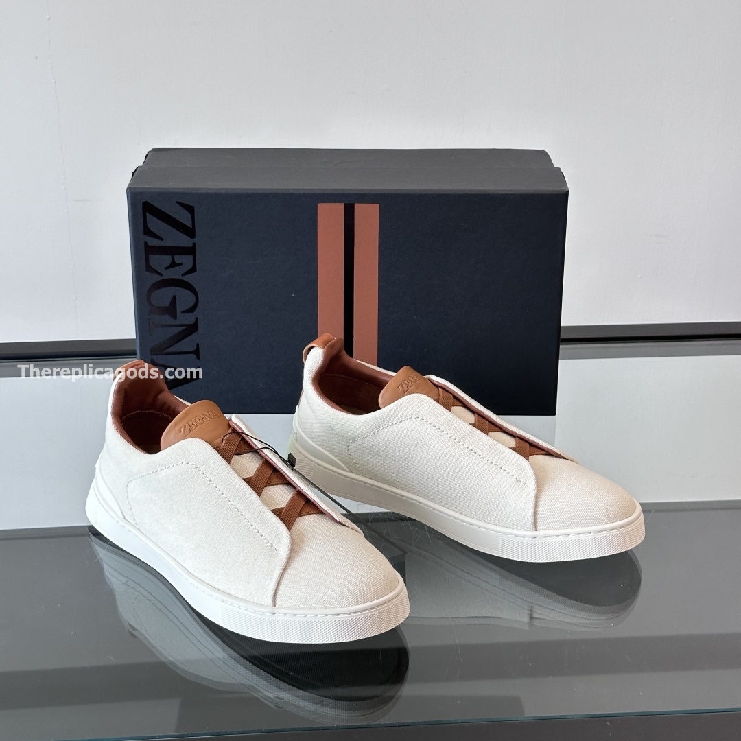 DUST WHITE COTTON LINEN AND LEATHER TRIPLE STITCH SNEAKERS