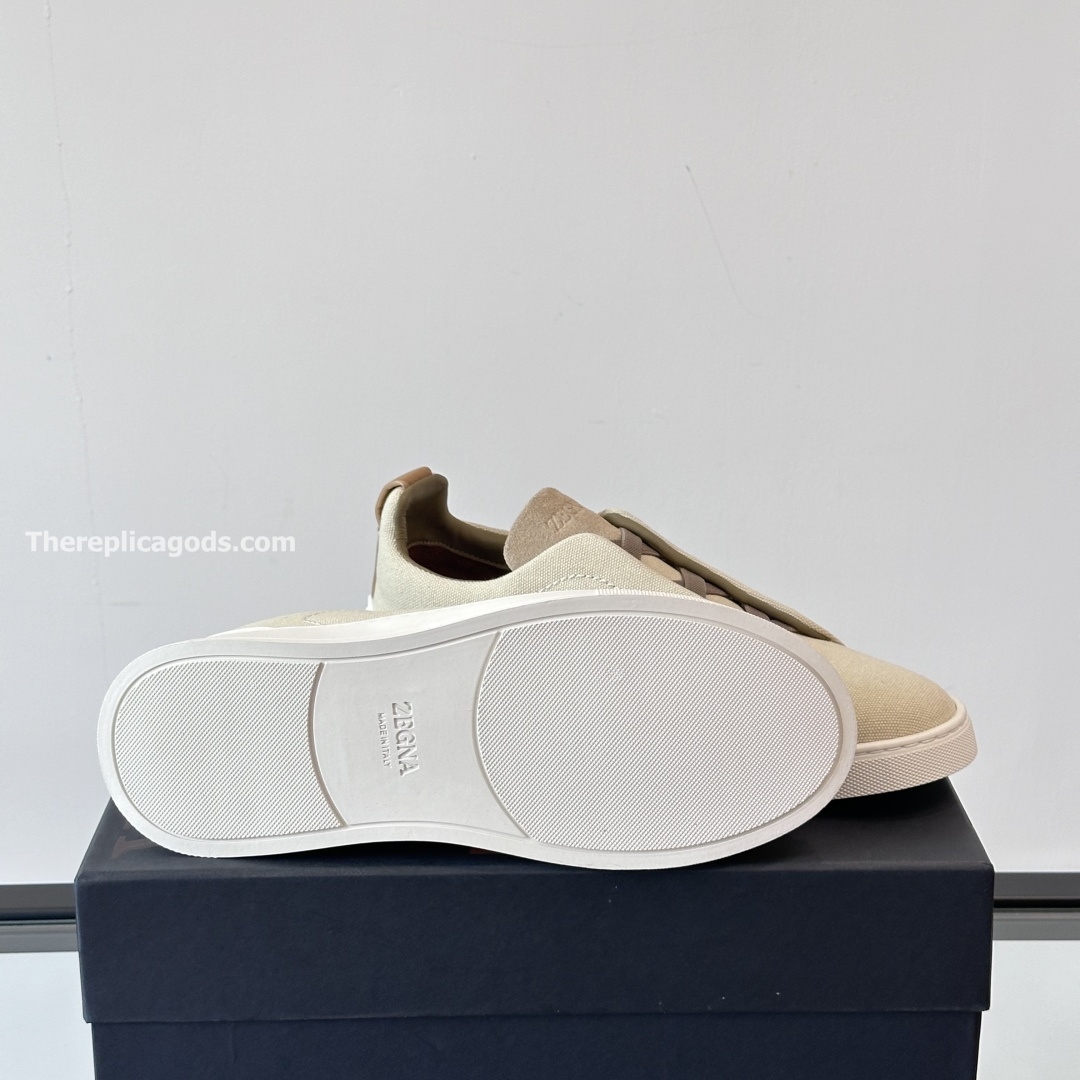 LIGHT BEIGE COTTON LINEN AND LEATHER TRIPLE STITCH SNEAKERS