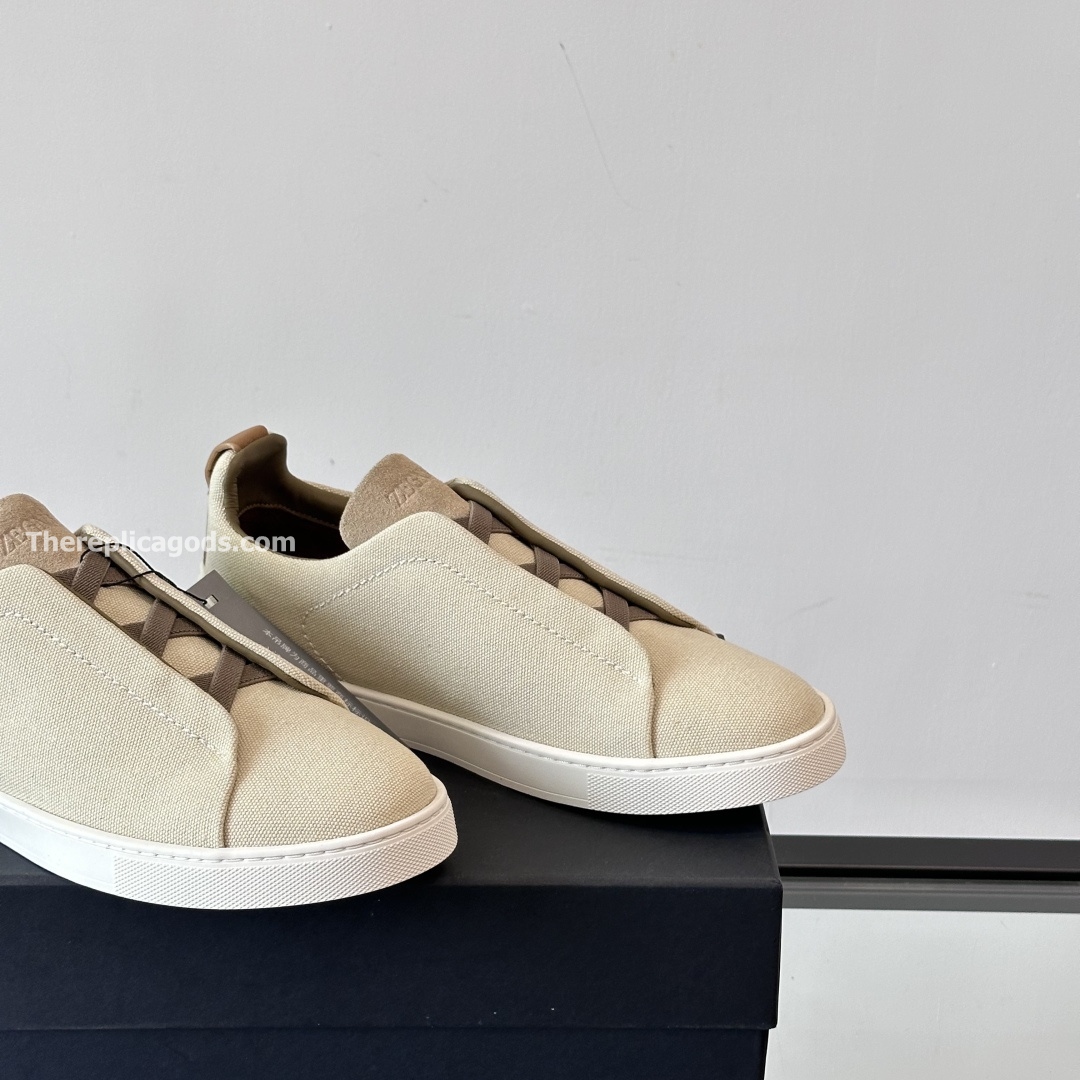 LIGHT BEIGE COTTON LINEN AND LEATHER TRIPLE STITCH SNEAKERS