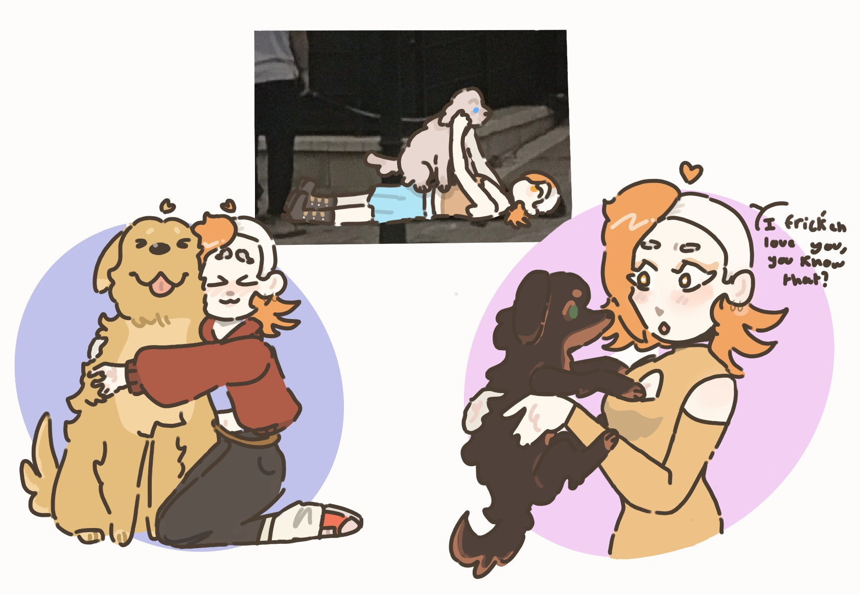 Artwork of Ember with dogs. In the top she's laying on the floor and holding a white terrier. In the left she's hugging a golden retreiver. On the right she's holding a small dark brown with golden under belly cocker spaniel.