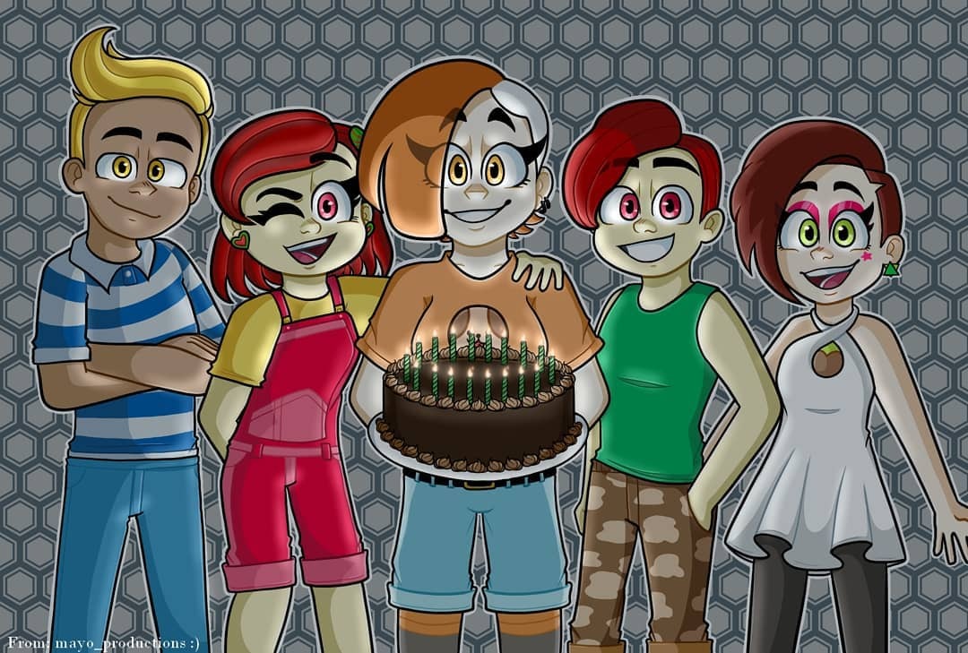 2021 Birthday Present. Chase, Lea, Ember, Leo, and Bree are standing there wishing a Happy Birthday. Ember is holding a chocolate cake.