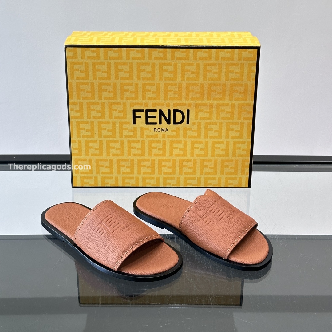 ROMA LOGO EMBOSSED SLIDES BROWN LEATHER - FD186
