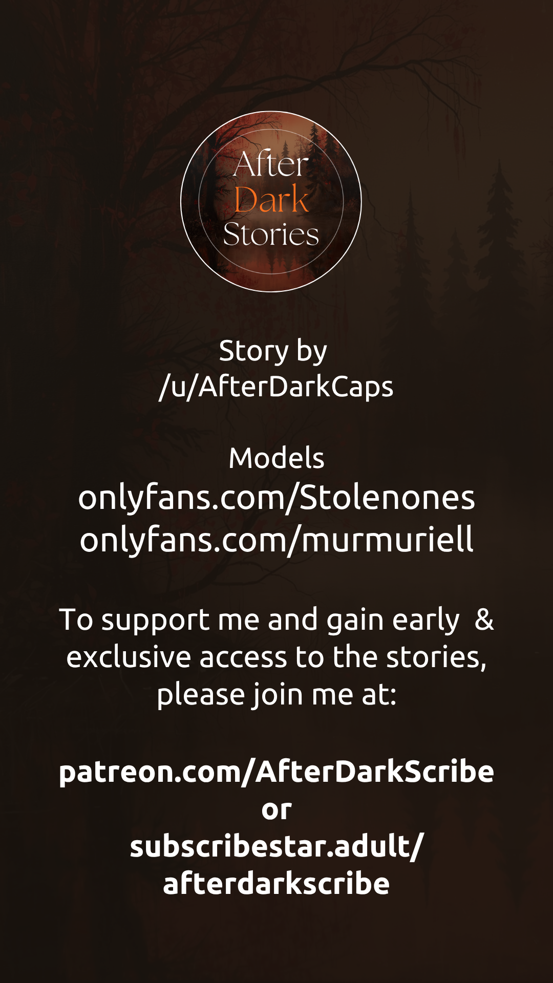 I hope you're enjoying the story…

The upcoming chapters will be available on my Patreon and SubscribeStar well before they're released anywhere else, so if you're not a member yet, I'd love to have you join. The links are below:

https://www.patreon.com/c/AfterDarkScribe
https://subscribestar.adult/afterdarkscribe

Also, be sure to check out the model's page:
Grace: https://onlyfans.com/Stolenones
Nina: https://onlyfans.com/murmuriell