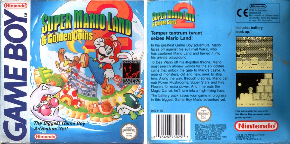 Image For Post | **Description**  
Second in the Game Boy's line of Mario games, this one takes the evolutionary steps that Super Mario 3 for the NES took with it's predecessors. New graphics, power-ups, challenges, and a completely original storyline. A bad version of Mario, Wario, takes over Mario's castle and locks him out using 6 golden coins. Mario must search for said coins all over Mario Land to take back his castle and go one-on-one with Wario himself.

**Music**  

The music was composed by Kazumi Totaka, and it is one of his earliest works. "Totaka's Song" is also hidden in the game and can be heard in the Game Over screen after waiting for 2 minutes and 30 seconds.

**LEGO**  
The final level in the "Mario Zone" is built partly on LEGO bricks.

**Wario**  
This game marks the first official appearance of Wario. 

**Fan made color conversion**  
In 2017 Daniel Davis, Drakon released the first version of "Super Mario Land 2 DX", a hack of the game adding a basic color palette to the game. The modified game works on Game Boy Color emulators as well as the real hardware. Apart from the new palette, the hack claims to have reduced the noticeable slowdowns in the original game

**Legacy**  
The January 1993 issue of Nintendo Power magazine contained a 10-page comic entitled Mario vs. Wario which was a loose retelling of Super Mario Land 2's plot. In the comic, Mario's childhood playmate Wario invites him over to his castle to "catch up on things". Unbeknownst to Mario, however, Wario is secretly plotting revenge on Mario who he believes used to bully him when they were children. During his trip to Wario's castle, Mario encounters several of the bosses from the game who were sent by Wario to eliminate Mario, a detail of which Mario is unaware. Upon reaching Wario's castle, Mario encounters a giant Wario whom Mario defeats by pulling a plug on his overalls. The comic ends with Mario apologizing to Wario and playing cowboys with Wario once again vowing revenge on Mario. In August 2016, it was reported that Mario vs. Wario and its predecessor Super Mario Adventures would be re-released by VIZ Communications.

**Re-release**  
The game was released for the Nintendo 3DS's Virtual Console service via the eShop on September 29, 2011, in North America and Europe, and was released on October 12, 2011, in Japan.

**Alternate Titles**  
    "スーパーマリオランド２・６つの金貨" -- Japanese spelling
    "Mario Land 2: 6 no Kin-ka" -- Literal Japanese title