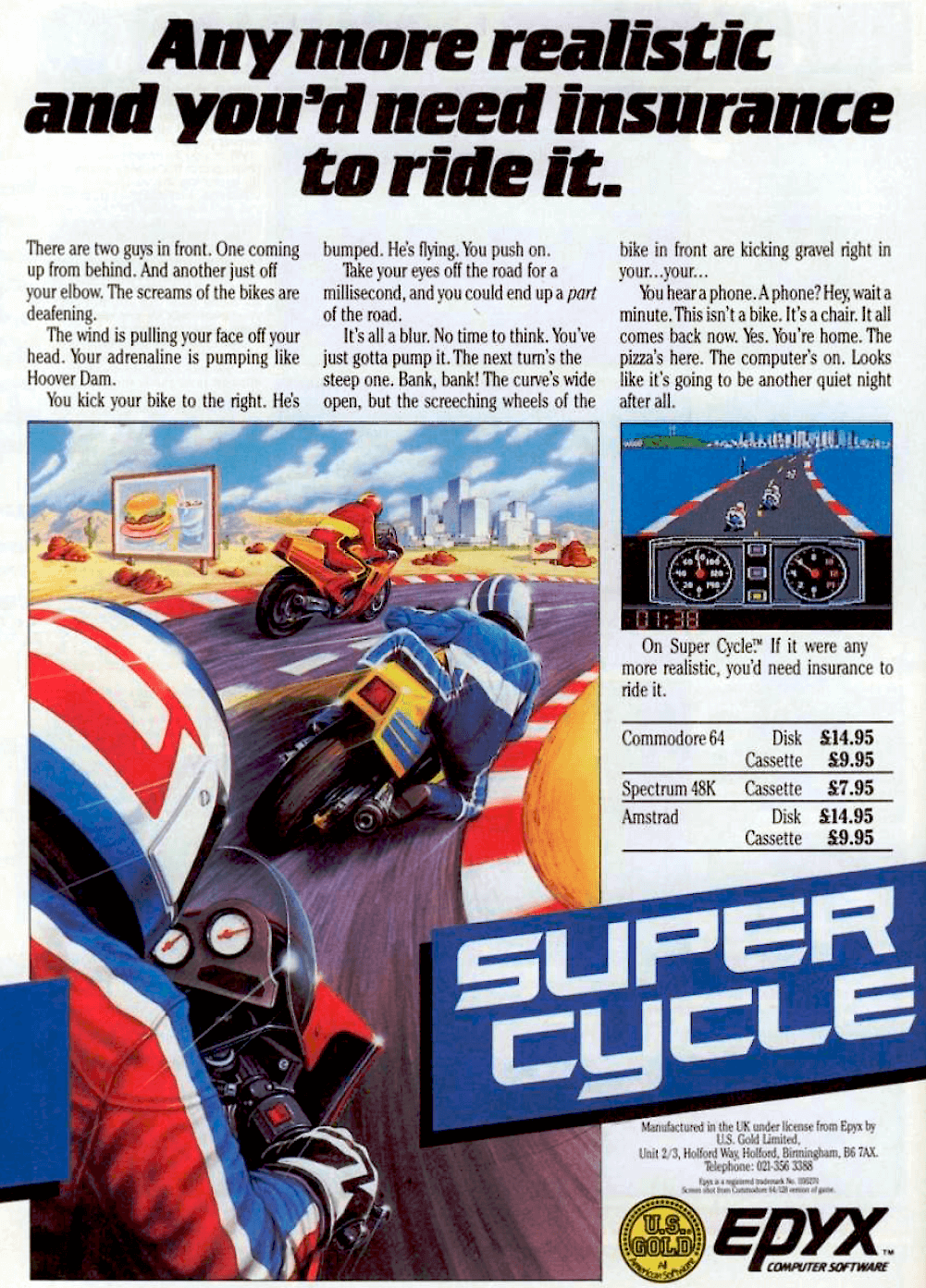 Image For Post | **Description**  
A motorbike racing game strongly resembling Sega's Hang-On titles. The game is viewed from behind the bike, which tilts as you turn. You are racing against the clock, although there are lots of other bikes on track to avoid and ride around. There are 3 skill levels, which affect the amount of time you have to complete the level, and the bonus offered if you manage to (the amount of time left, divided by a set number, bigger on lower levels). Your bike has 3 gears and appears to have a top speed of around 120 MPH. After every 2 races there's a bonus round in which you must pick up as many tokens as possible in the time limit.
