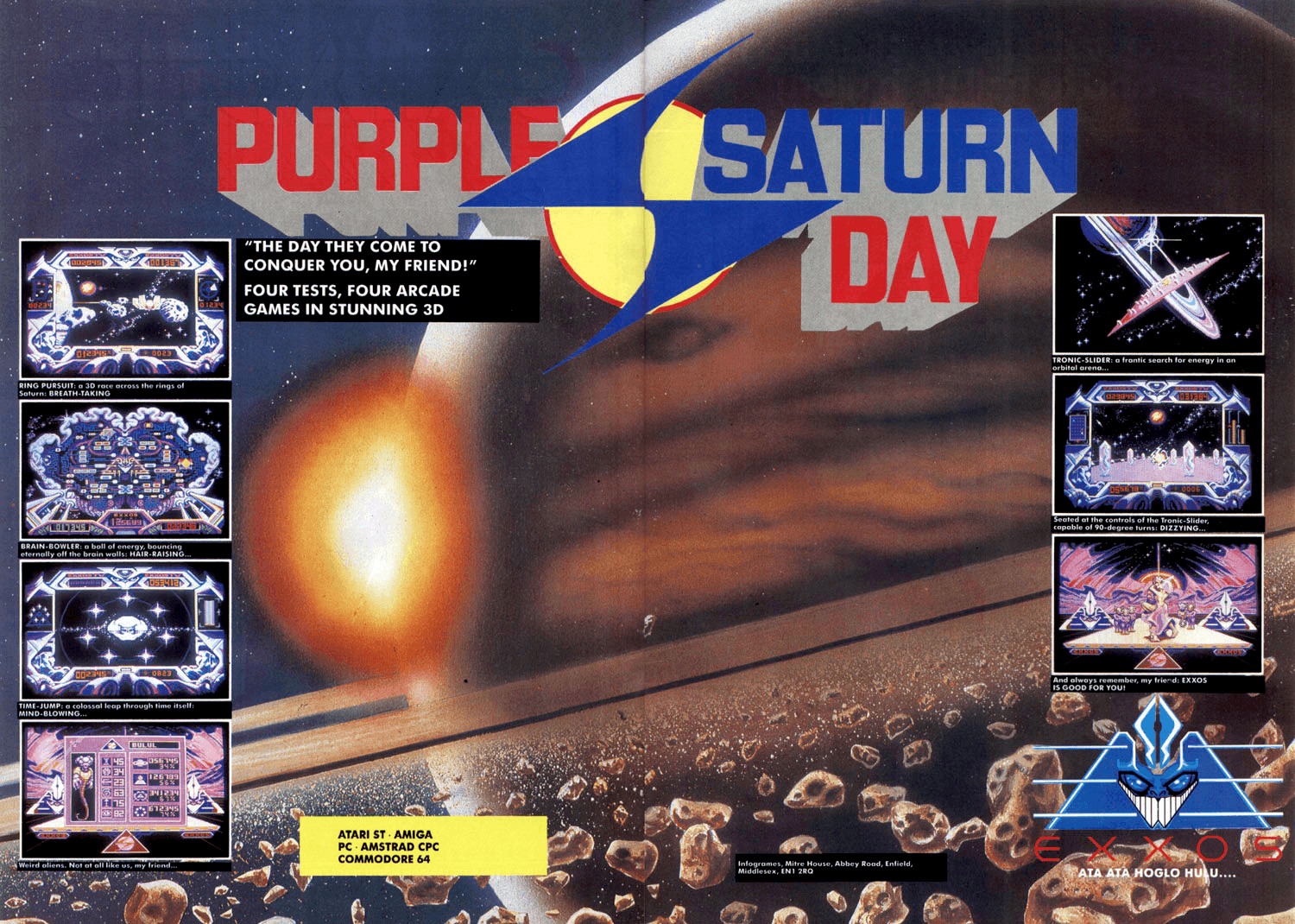 Image For Post | Every 4 galactic-years, alien athletes from every inhabited planet in the galaxy gather to compete in the Purple Saturn Day games. Four interplanetary events await the player: Pilot a ship through time and space, race around the rings of Saturn, solve a fast-moving electronic puzzle and navigate a futuristic obstacle course.

Although not an official entry in the series, this game is in the same vein as Epyx's popular Games "series" titles.