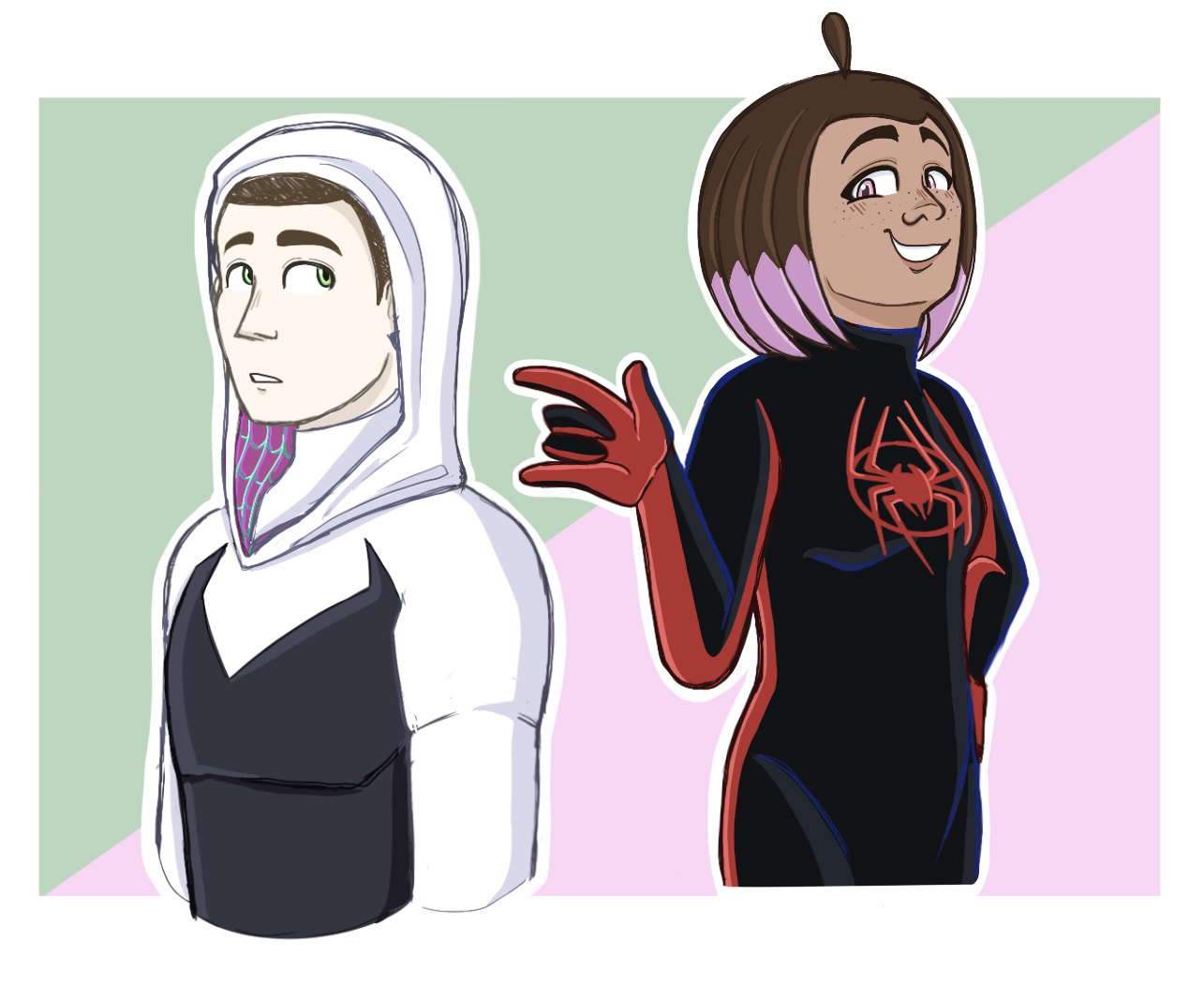 Max dressed as Ghost Spider with Alex dressed as Spider-Man (Miles Morales)