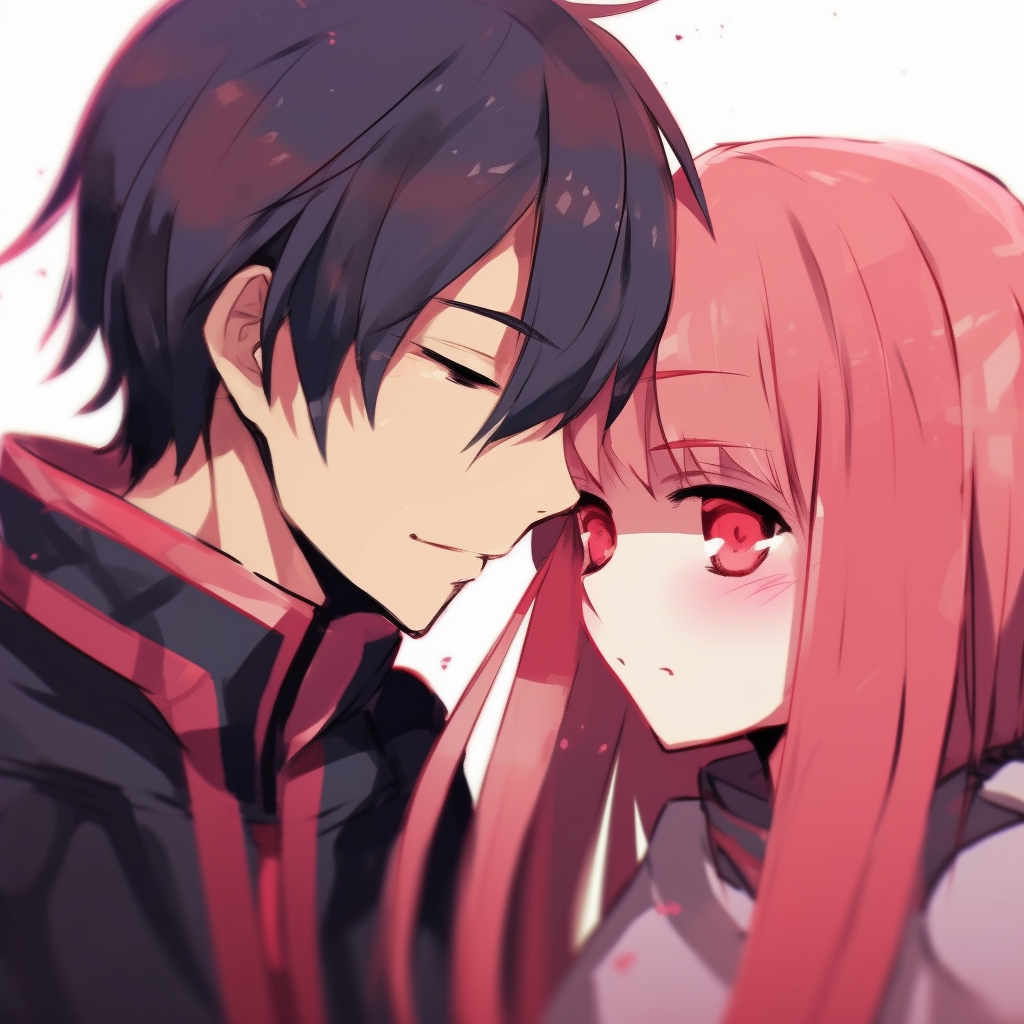 Image For Post | Zero Two in Hiro's arms, warm colors and romantic atmosphere. anime matching pfp couple ideas - [Anime Matching Pfp Couple](https://hero.page/pfp/anime-matching-pfp-couple)