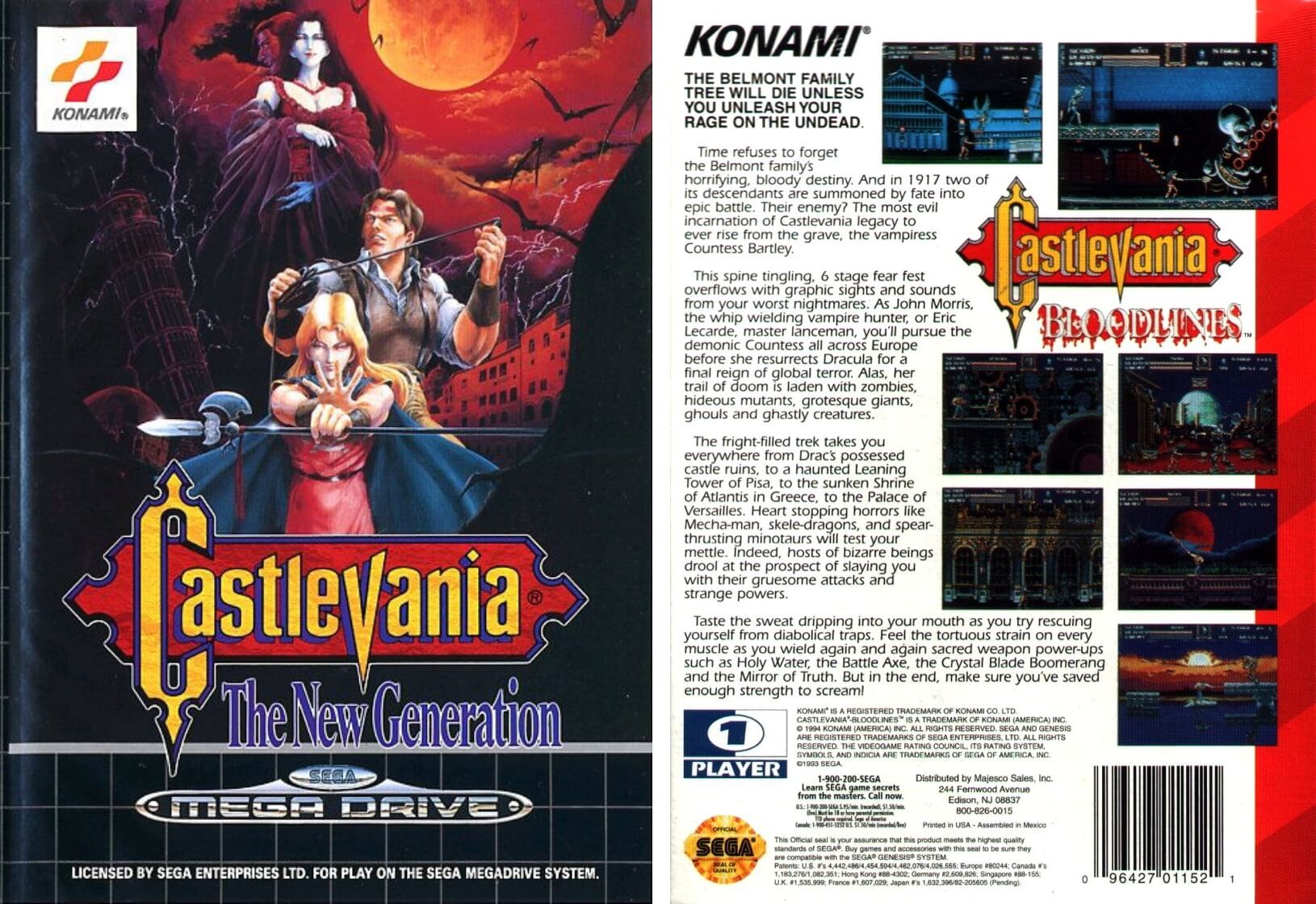 Image For Post | **Packaging**  
The packaging artwork for the North American version was created by Tom Dubois, who also designed the packaging for many other Konami titles outside Japan.

The game was released in Japan on March 18, 1994.

**Anniversary collection**  
On May 16, 2019, the game was included in the Castlevania Anniversary Collection, released for PlayStation 4, Xbox One, Steam and Nintendo Switch, marking the first time that the game has ever been re-released in any form.

**Mega Drive Mini release**  
On September 19, 2019, the game will be included in the Sega Genesis Mini (Sega Mega Drive Mini in Europe and Japan).

**Alternate Titles**  
    "Vampire Killer" -- Japanese Title
    "Castlevania: The New Generation" -- European Title
    "バンパイアキラー" -- Japanese spelling