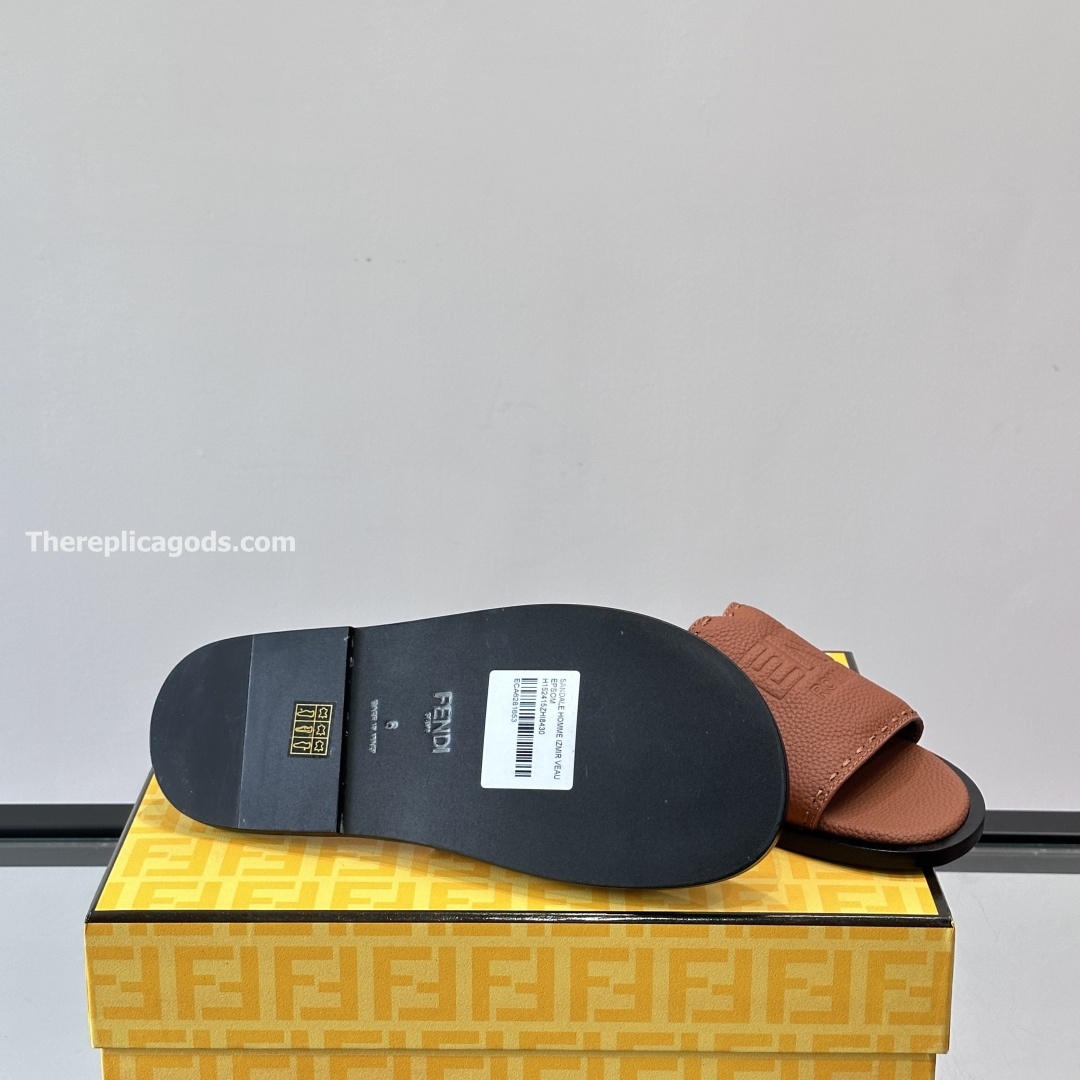 ROMA LOGO EMBOSSED SLIDES BROWN LEATHER - FD186