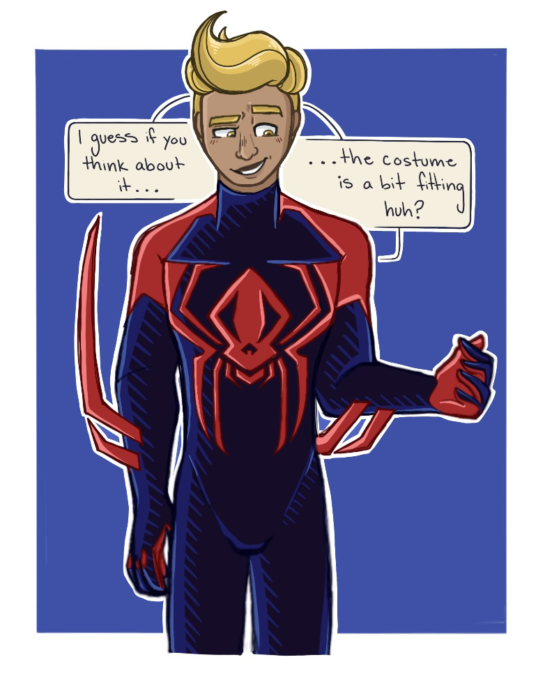 Chase dressed as Spider-Man 2099 from Spider-Man Across the Spiderverse. He's sayinf: I guess if you think about it... ...the costume is a bit fitting huh?