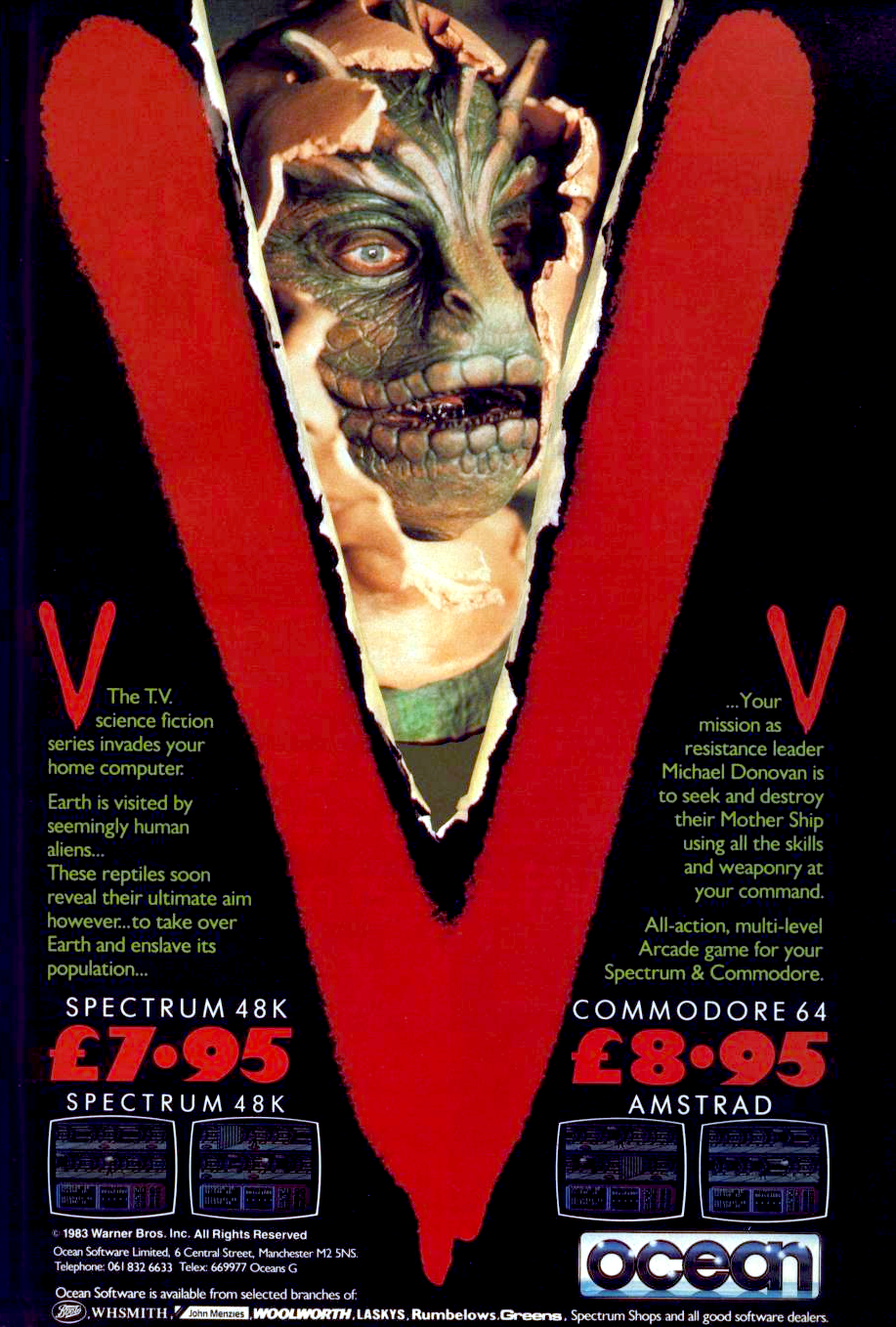 Image For Post | **Description**  
There were two popular sci-fi television miniseries called V in 1983 and V: The Final Battle in 1984 which led to one season of a television weekly series also in 1984-1985. The plot involved an alien invasion of Earth by a reptilian race known as "The Visitors". In this game, you play as Mike Donovan, a resistance leader who enters the visitors' huge spaceship in order to blow up its reactor by setting explosives at key points.

The aliens will try to stop you as will surveillance, cleaner, maintenance, and security robots. If you touch any robots or are shot by them, a static charge will cause your hearbeat to increase. If this happens several times you have to rest or it could kill you. In 8 different laboratories you will find formulas for Red Dust which is lethal to the aliens - releasing it into air purification plants will kill many of them and also slow the robots. You can use a laser or when its charge runs out, you can jump over or roll under enemies.

The gamescreen has three sections. The middle and upper are corridors you are going through and one above or below you. The bottom of the screen is a communiputer with various sections. One allows you to monitor the aliens' messages and to send messages of your own to confuse them; another shows your score and time remaining, and levels of health and laser power. There's a six-button menu: pause/quit, ship info, lay explosives, return to game, display secury code, and info on anti-Visitor red dust formula. Also, there's six number keys (the aliens count in base 6) which you need to type in security codes to unlock doors. You can also move between levels using teleport pads. Finding the key points in the ship is crucial before you set the explosives which will be on a timer so you have a chance to get out before they blow the ship up.