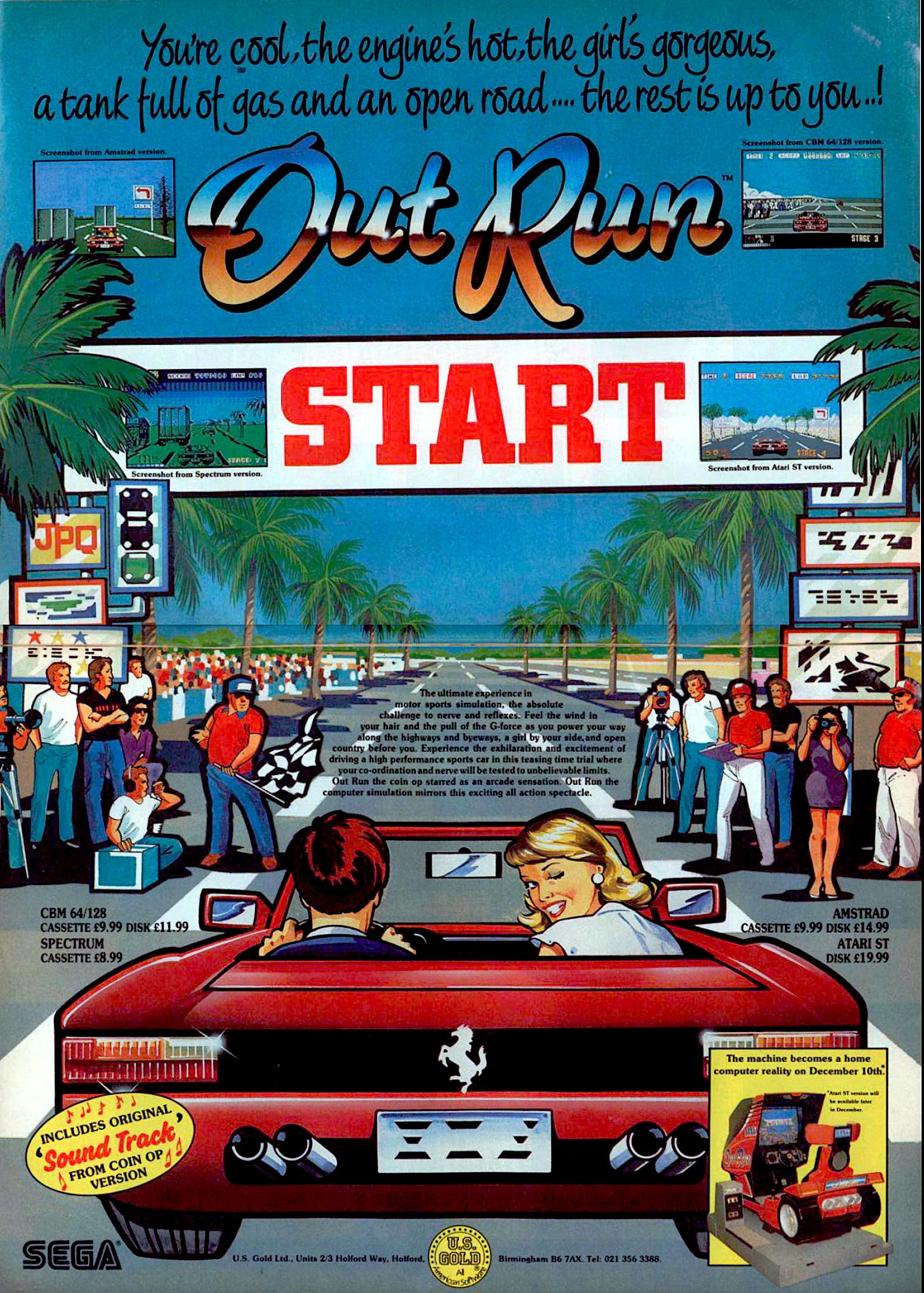 Image For Post | OutRun is a racing game that allows the player to race across varied terrain in a readily available Ferrari, complete with a female passenger, over a series of short tracks.

Gameplay is viewed from just above and behind the car. The roads are full of sharp bends and hazards, contact with which can cause the car to roll and lose the player's time. On each section of track there is a fork in the road, allowing the player to choose which direction he or she wishes to go in. The player has to to complete five track sections in total, out of the fifteen in the game.