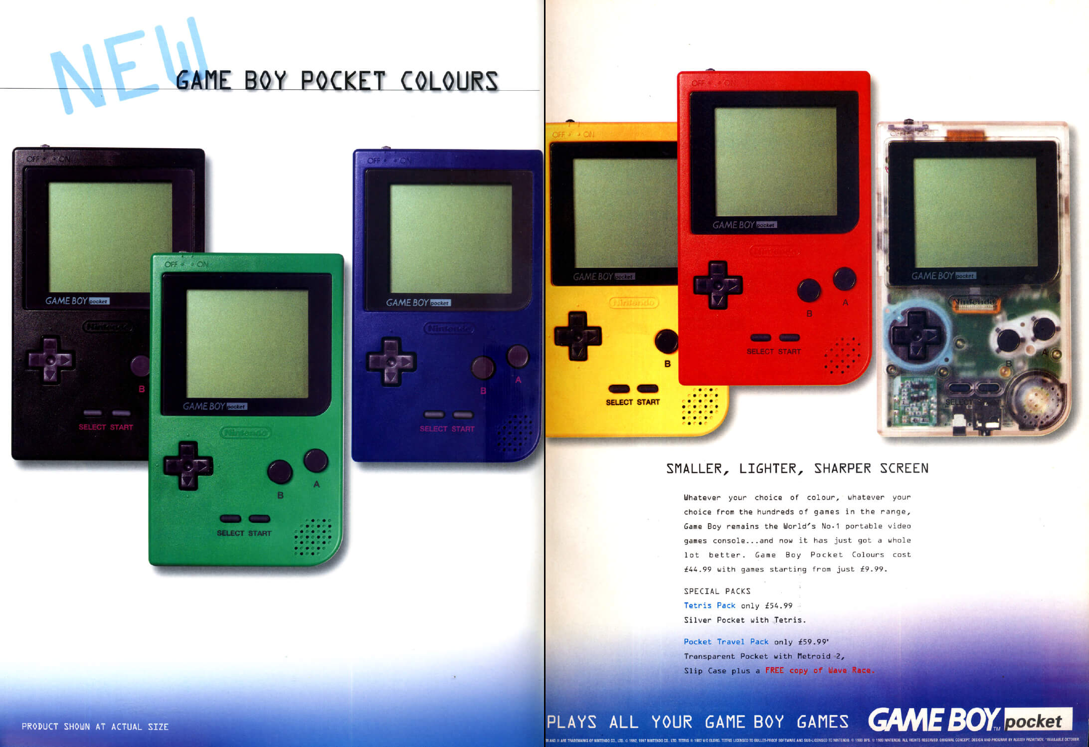 Image For Post | On July 21, 1996, Nintendo released the Game Boy Pocket for US$69.99: a smaller, lighter unit that required fewer batteries. It has space for two AAA batteries, which provide approximately 10 hours of gameplay. The unit is also fitted with a 3 volt, 2.35 mm x 0.75 mm DC jack which can be used to power the system. 

The Pocket has a smaller link port, which requires an adapter to link with the older Game Boy. The port design is used on all subsequent Game Boy models, excluding the Game Boy Micro. The screen was changed to a true black-and-white display, rather than the "pea soup" monochromatic display of the original Game Boy. Also, the Game Boy Pocket (GBP) has a larger screen than the Game Boy Color (GBC) that later superseded it.