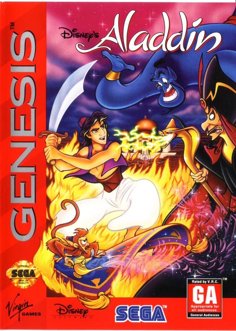 Image For Post | **Description**  
The game from Virgin based on the 1992 animated Disney film is a side-scrolling platformer.

The player controls Aladdin, who must make his way through several levels based on locations from the movie: from the streets and rooftops of Agrabah, the Cave of Wonders and the Sultan's dungeon to the final confrontation in Grand Vizier Jafar's palace. 

The Sultan's guards and also animals of the desert want to hinder Aladdin in his way. He can defend himself with his sword or by throwing apples. Next to apples, Aladdin can also collect gems which can be traded for lives and continues with a traveling trader. Finding Genie or Abu icons enables bonus rounds. 

The Genie bonus round is a game of luck played for apples, gems or extra lives. In Abu's bonus round, the player controls the little monkey who has to catch bonus items that fall from the sky, but without touching any of the unwanted objects like rocks and pots.

The game's humorous animations were created by Walt Disney Feature Animation.

**Graphics**  
The 2D animation for Aladdin and the other characters of the game were done by actual Disney animators and artists who worked on the film.

**Music**  
The PC version Disney's Aladdin has digital music throughout the game, using .AMF files, a digital module format similar to .MODs. (AMF is the format used by Otto Chrons' Digital Sound and Music Interface, or DSMI. Another game that uses DSMI for sound, is Archon Ultra. 

**NES Music**  
The game's music was composed in Notator for the Atari ST as a MIDI file, then converted to the NES. 

**References**  
    - In the level where Aladdin has to escape from the Palace Dungeon, eagle-eyed viewers may spot a familiar set of mouse ears located on one of the skulls in the background.

    - In the Desert level for the Genesis (probably other versions as well), there's a clothes line with just some clothes and a Mickey Mouse hat!

    - In the background in the "Inside the Lamp" level, a Sega Genesis can be seen in the background.

    - On the Genesis, in the level "Escape from the Sultan's Palace", Sebastian from Disney's Ariel the Little Mermaid is hanging in chains.

    - In the second level of the Mega Drive/Genesis version, the snakes closely resemble Sir Hiss (Prince John's henchman) from Disney's 1973 feature film, Robin Hood.

**Game Gear/Master System versions**  
Sega's 8-bit systems received a unique adaptation of Disney's 1992 animated film Aladdin.

Like other versions, it is a side-scrolling action game. The player controls Aladdin, making his way through a variety of locations, including the streets of Agrabah, the Cave of Wonders, the Sultan's palace and more. 

Gameplay takes several different forms: some levels are chases, where Aladdin runs automatically, but must be made to jump over chasms or rolling rocks and barrels, evade falling objects and avoid getting caught by a guard. 

Other levels are platforming affairs: Aladdin must run, jump and climb, find keys or switches to open doors while searching for the exit. Rocks can be collected and be thrown to dispatch enemies or hit buttons otherwise out of reach. Finally, there are also several magic carpet rides in the game, in which the level scrolls automatically and the player must make sure to avoid any obstacles in the way.

**Alternate Titles**  
    "Disneys Aladdin" -- German Game Boy title
    "アラジン" -- Japanese spelling