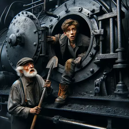 A young stoker is climbing into the furnace of a steam locomotive, and his elderly mentor is watching with a shocked expression. The stoker, covered in soot, is halfway into the large, open furnace door, while the mentor, with white hair and an experienced face, holds a shovel and wears a look of astonishment. The locomotive is detailed, showing the complexity of its machinery, and the ambient light from the furnace casts dramatic shadows, highlighting the mentor's alarmed reaction.