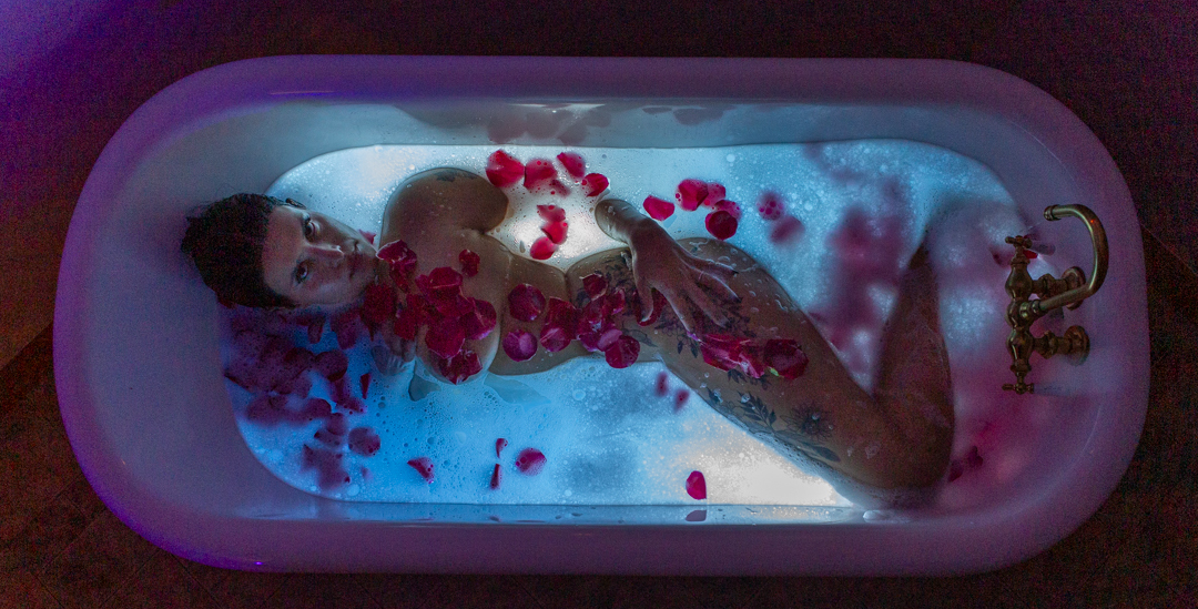 Illuminated Bubble Bath and Rose Petals