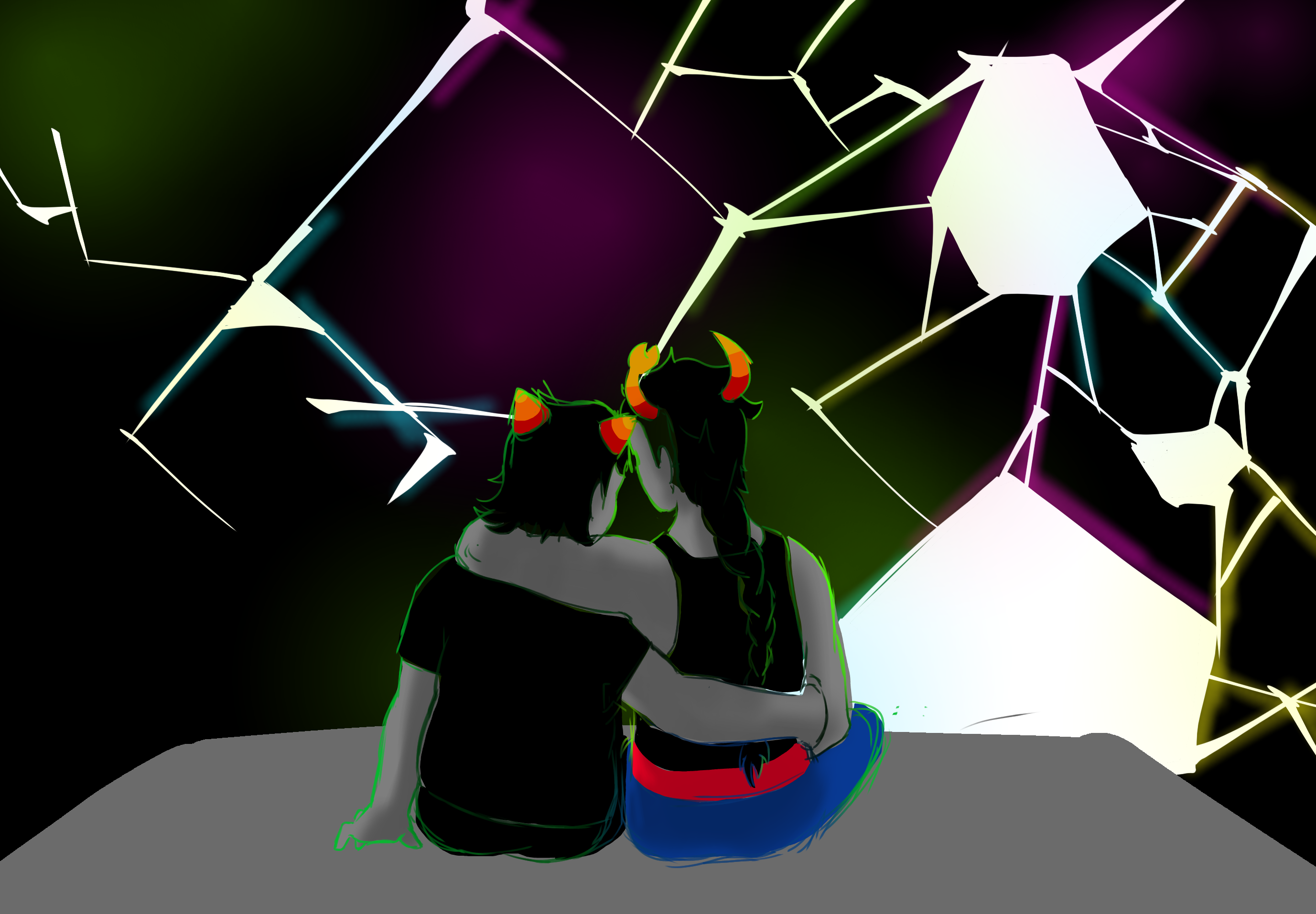 A colored sketch of (vriska) and terezi, watching the world shatter. Their backs are to the viewer and they have their arms around each other. 