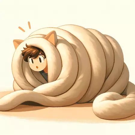 A soft, fluffy blanket is wrapping around a human with cat-like features. The person, who has the ears and tail of a cat, exhibits a playful and surprised expression as the blanket enfolds them. This scene captures a whimsical moment as the blanket seems to come to life, gently curling around the person in a warm embrace, symbolizing comfort and playfulness in a charming and imaginative way. The background is simple and unobtrusive, focusing attention on the interaction between the blanket and the person.
