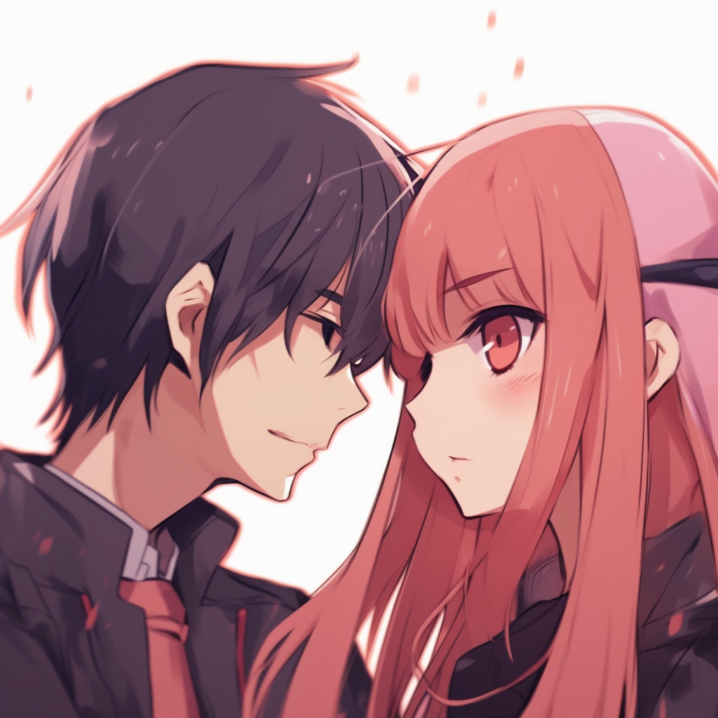 Image For Post | Profile view of Hiro and Zero Two from Darling in the Franxx, soft colors and intimate gaze. anime matching pfp couple ideas - [Anime Matching Pfp Couple](https://hero.page/pfp/anime-matching-pfp-couple)