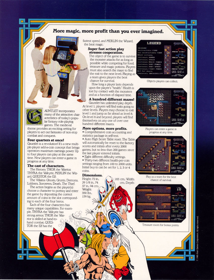 Image For Post | Controversy arose after the release of the game in the arcade and its subsequent port to the Nintendo Entertainment System. Ed Logg, the co-creator of Asteroids and Centipede, is credited for Original Game Design of Gauntlet in the arcade version, as well as the 1987 NES release version. After its release, John Palevich threatened a lawsuit, asserting that the original concept for the game was from Dandy, a game for the Atari 8-bit family written by Palevich and published in 1983. The conflict was settled without any suit being filed, with Atari Games doing business as Tengen allegedly awarding Palevich a Gauntlet game machine. While he is credited as "special thanks" through 1986, Logg is entirely removed from credits on later releases and as of 2007 Logg claims no involvement with the NES game. Dandy was later reworked by Atari Corporation and published for the Atari 2600, Atari 7800 and Atari 8-bit family as Dark Chambers in 1988.