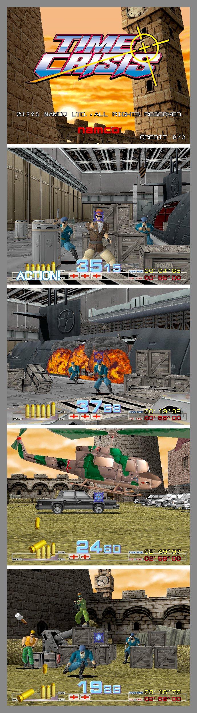 Image For Post | **Development**
A port of the game for the [Sony] PlayStation was released in 1997, as part of a bundle coinciding with the launch of the Guncon light gun controller, and featured a add-on pack of additional stages that are set after the main story.

Though both the arcade and PlayStation versions were developed internally at Namco, none of the arcade development team had any direct involvement with the PlayStation version. Since the PlayStation's CPU speed is much lower than that of the System 22 arcade hardware, the team reduced demands on the PlayStation CPU by cutting the game's frame rate in half, reducing the number of polygons used, emulating the real-time lighting by coloring the polygons one-by-one, and delaying the appearance of enemies so that only a certain number of enemies could appear on-screen at any time.

The development team took photos of hotels and factories in the Tokyo area as reference for the PlayStation mode's hotel design. To make the large areas in the hotel work on the hardware, the team left the portions of these areas not visible to the player unrendered. Three planned sequences - an outdoor restaurant, a missile room explosion, and a boat race - were left out because the team eventually realized that creating them was not practical, at least not within the time they had to complete the PlayStation version. New music was recorded for the Special Mission mode by Tatsuro Tani and Tomoko Tat2, using a "synthesized orchestra" of 50 individually synthesized instruments.

**Legacy**
The title was also released exclusively in Japan for the PS2 in 2002, under the title of Gunvari Collection, which includes Gun Bullet, Gunbarl, Gunbalina (these games are known as the Point Blank series outside of Japan). There are two versions of the collection available: a standalone version, and a boxset which includes the collection and a Guncon 2 lightgun.

**Sequels**
The game proved a commercial success and spawned a sequel, Time Crisis II, in 1998, and a spin-off title, Time Crisis: Project Titan, in 2001.

**Alternate Titles**
"化解危机" -- Chinese spelling (simplified)
"タイムクライシス" -- Japanese spelling
