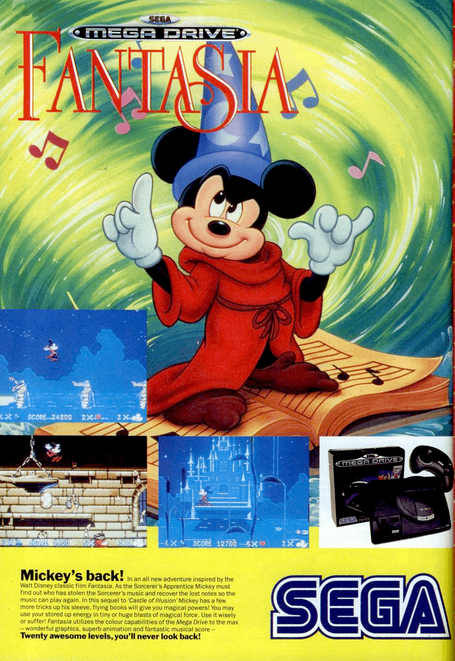 Image For Post | Fantasia takes place in the dream world of Mickey Mouse as the Sorcerer's Apprentice.

Mickey must find the missing musical notes scattered about in four imaginary worlds. The Water World, Earth World, Air World and Fire World are filled with magical creatures such as marching brooms, skipping mushrooms, jumping cactus, flying horses, dancing hippos and many more.

The music in the worlds is straight from the movie, including pieces by Bach, Mussorgsky, Beethoven, Tchaikovsky, Stravinsky, Dukas and Ponchielli.

Mickey must collect special items to keep up his strength and earn bonus points. Spell books, stars, crystal balls, potions and dinosaur eggs help him along the way. Enemies are dispatched by bouncing on them or casting small or large spells. If Mickey finds a wooden door he is led to a bonus area where he can collect many magical items.

At the end of each level, Mickey takes the notes he's found back to the orchestra's conductor who will send him back into the world to keep searching if he hasn't found enough of them or gained enough points.