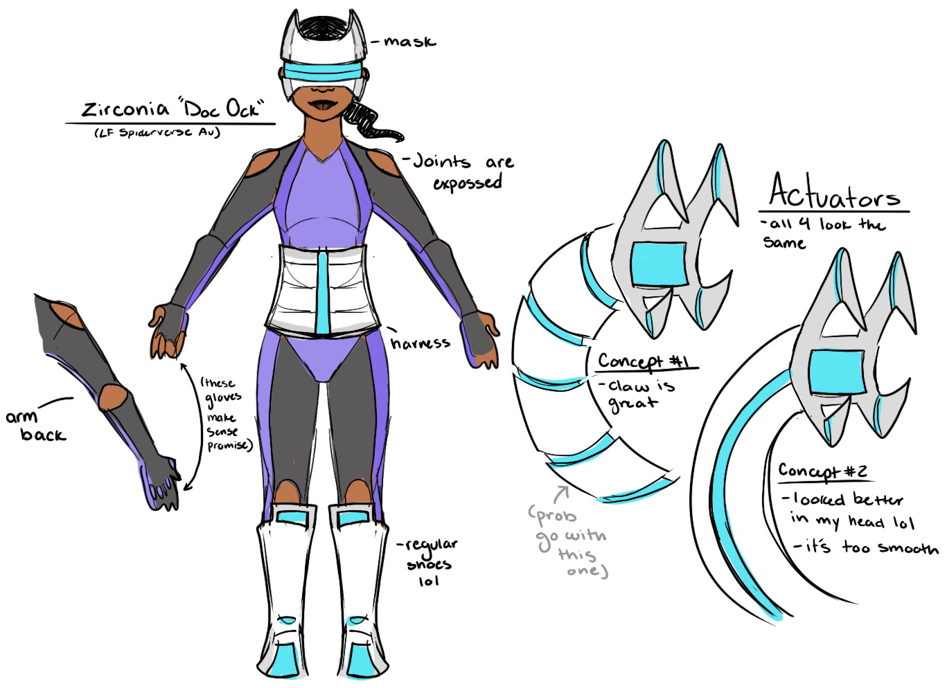 Zirconia 'Doc Ock' (LF spiderverse Au). The following labels are from top to bottom. -mask -joints are exposed -harness -regular shoes lol This is off to the left of the main reference: arm back (these golves make sense promise) These are off to the right of the main referene: Actuators. -all 4 look the same. Concept #1 -claw is great (prob go with this one) Concept #2 -looked better in my head lol - it's too smooth