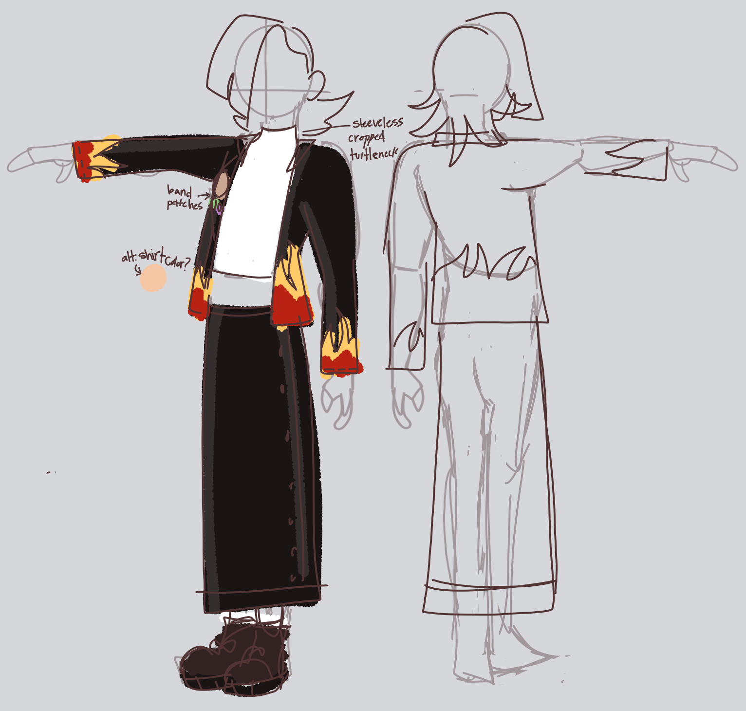 Mayo's outfit concept for Ember. She's wearing a leather jacket with flmaes on the sleeves and bottom. It also has the band patches for her band with her friends. She's wearing a white sleeveless cropped turtleneck and a long black skirt, with black high top shoes. There's a color swatch to the side suggesting a possible orange alt shirt color.