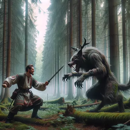 In a dense Slavic forest, a man in traditional Old Slavic clothes is engaged in a fierce battle with a monstrous dog-like creature. The forest is thick with ancient trees, shrouded in a haunting mist, adding to the scene's eerie atmosphere. The man wields a sword with determination, and the beast, a fearsome amalgam of canine and demon, bares its teeth in aggression. No other characters are in the scene, highlighting the intense confrontation between man and monster.
