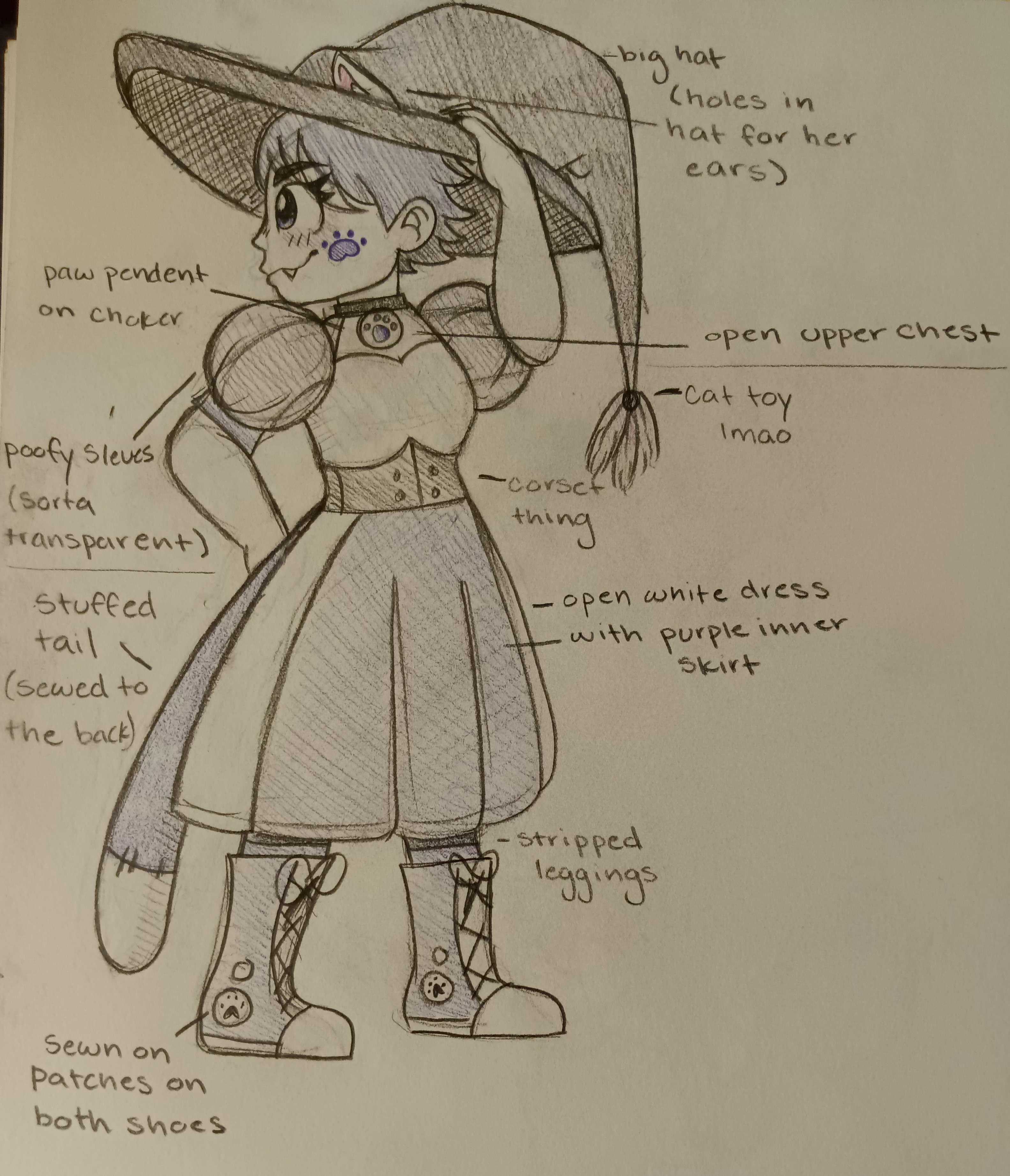 Concept for Witch Neo. There are notes around her explaining Mayo's design choices. big hat (holes in hat for her ears). paw pendent on choker. open upper chest. cat toy lmao. poofy sleeves (sorta transparent). corset thing. open white dress with purple inner skirt. stuffed tail (sewed to the back). stripped leggings. sewn on patches on both shoes.