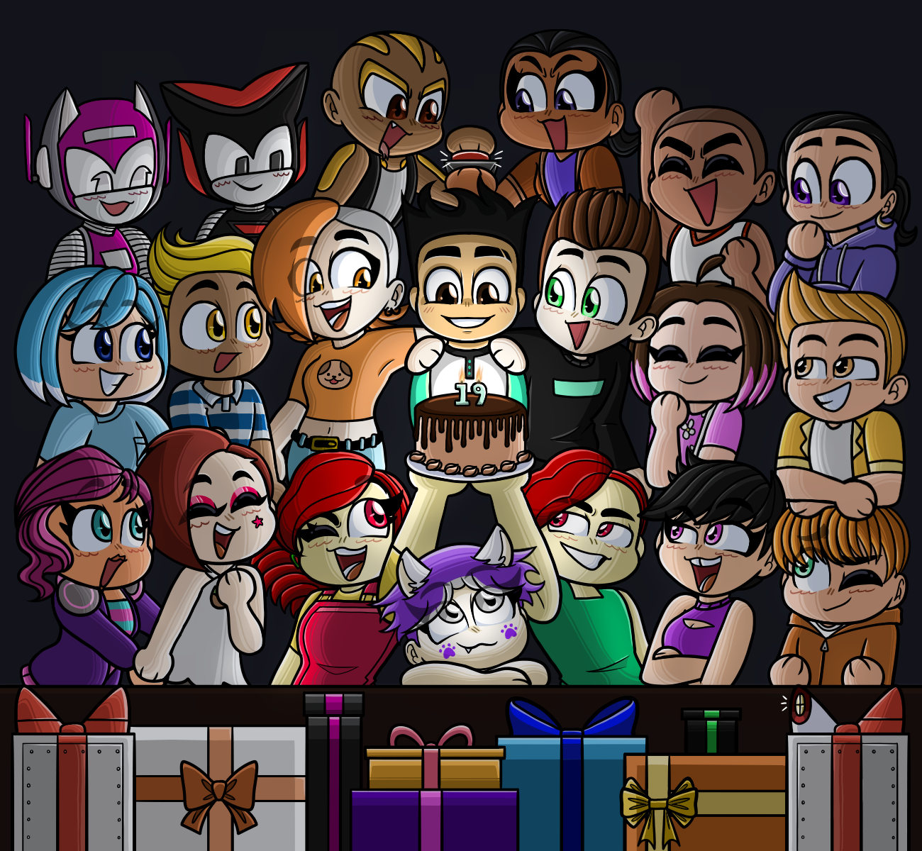 2022 Birthday Present. Xena, Vector, Calcifer, Zirconia, Jones, Indigo, Ally, CHase, Ember, Pancho, Max, Alex, Nick, Amy, Bree, Lea, Neo Leo, Sam, and Rey all gather around a birthday cake to celebrate Pancho's birthday. The text Happy Birthday covers the birthday presents. Bree and Amy are holding hands, while Calcifer and Zirconia press a big red button.