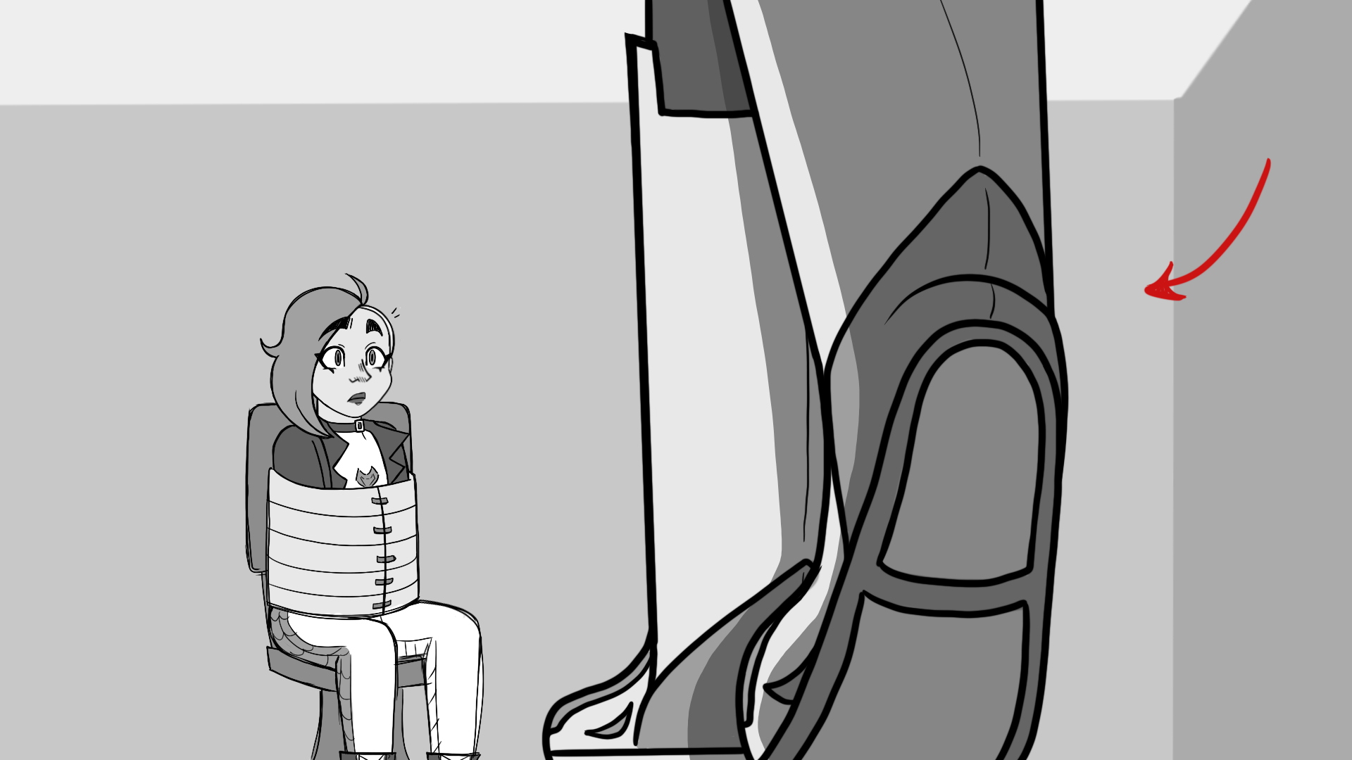 Storyboard preview 1. Emma is tied up in a chair while Zirconia walks up to her.