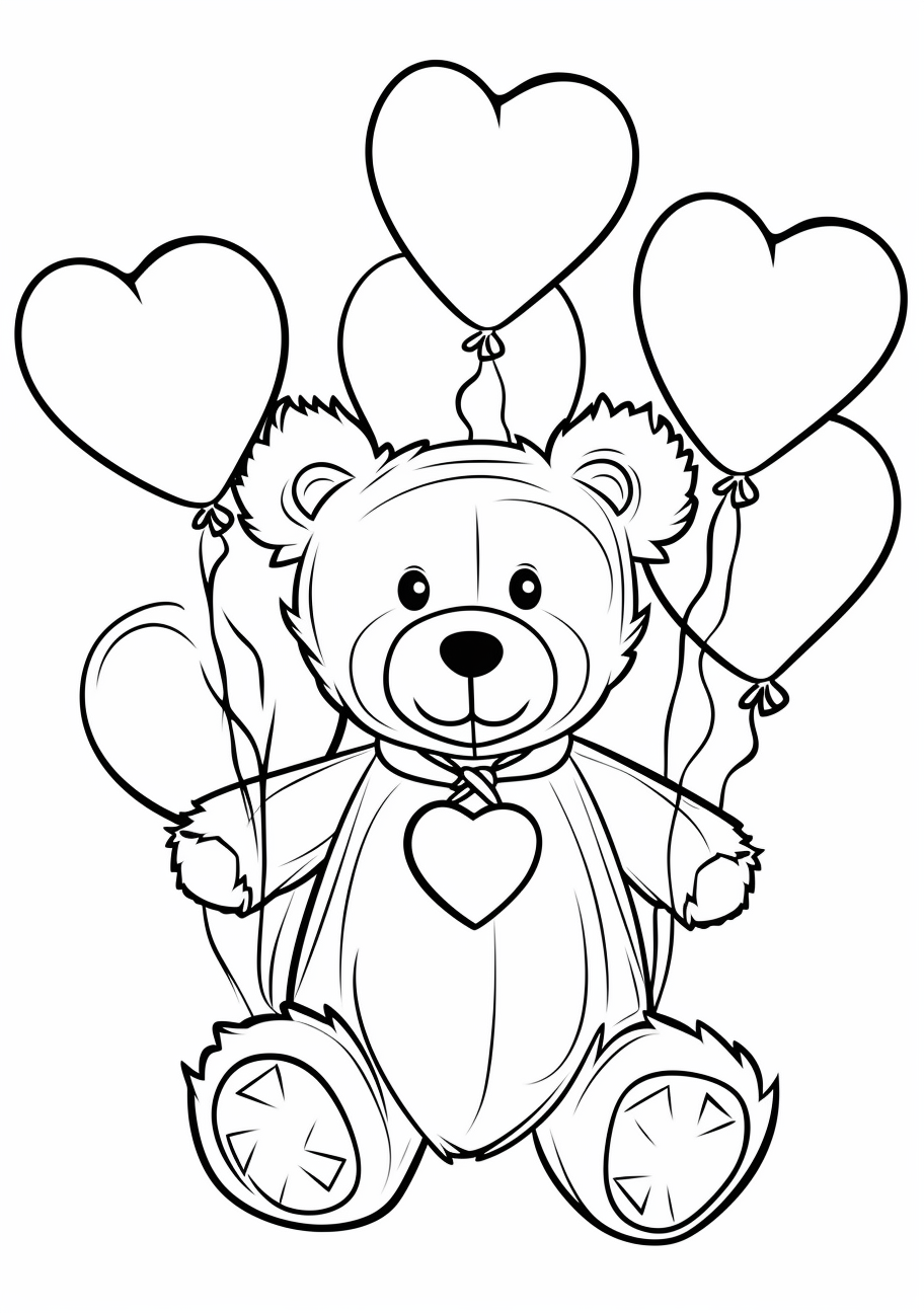 Valentine's Teddy Bear and Balloons - Printable Coloring Page - Image ...