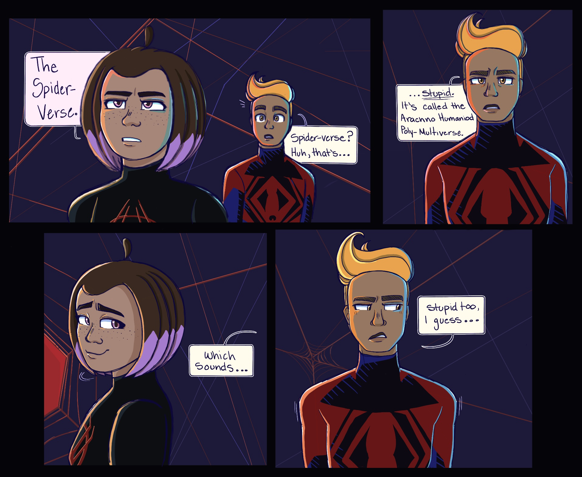 Mayo recreates a scene from Across the Spiderverse with Alex and Chase. Alex- The Spider-verse. Chase- Spider-verse? Huh, that's... ...stupid. It's called the Arachno Humanoid Poly-Multiverse. Which sounds... stupid too, I guess...