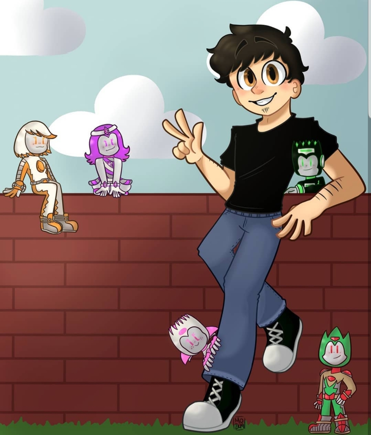 2019 Birthday Present. Pancho is leaning against a brick wall with mini Ember and Sam on the wall and mini Alex and Leo on the ground. Mini Max is on the wall, but around Pancho's arm. The text Happy Birthday Eddie! is overlayed over the brick wall.