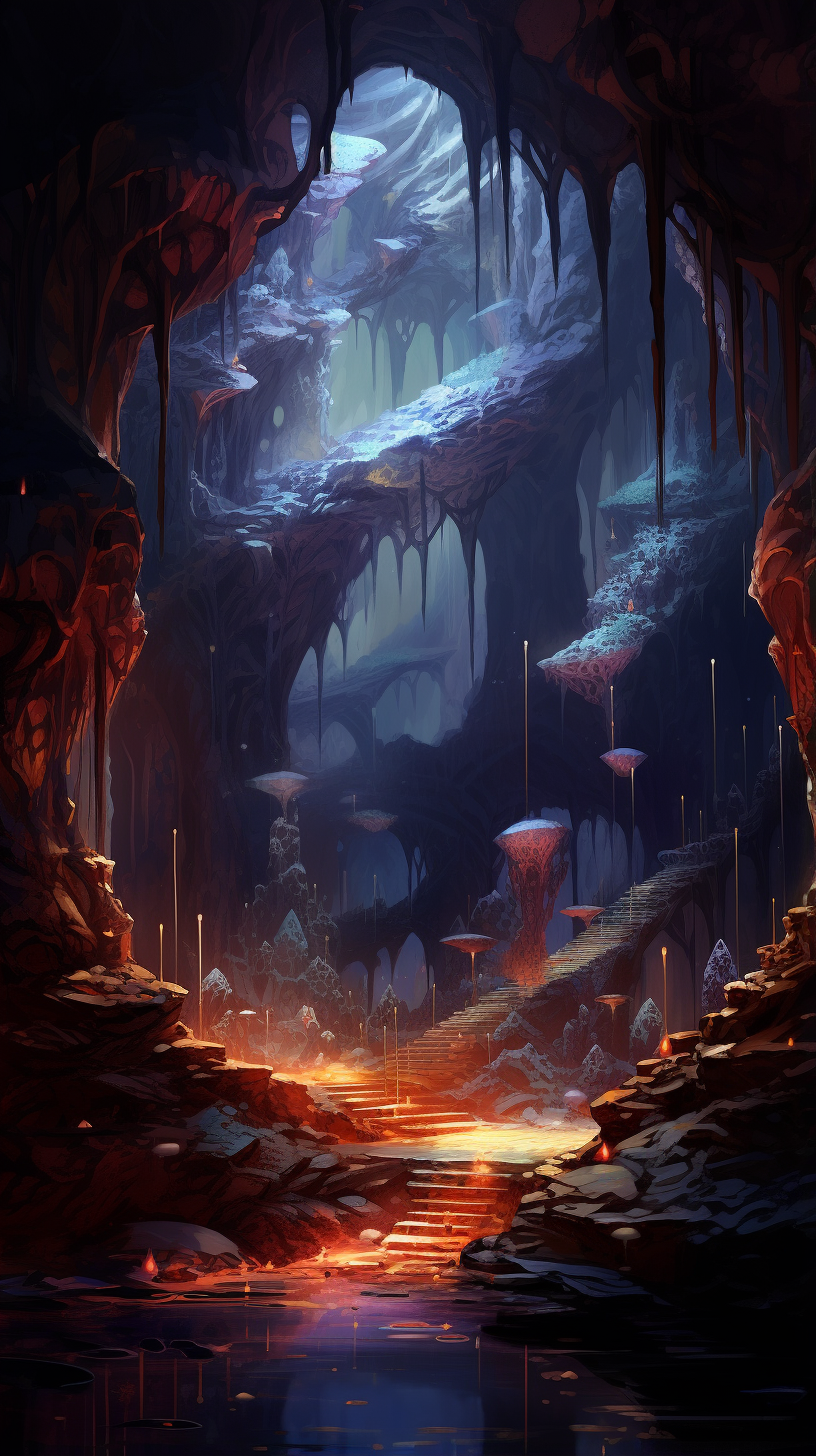 Anime illustration of an eerie underground catacomb on Craiyon