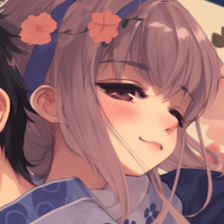 Image For Post | Two characters with mirroring poses, eyes locked with each other, and floral details in the background. anime themed cute couple matching pfp pfp for discord. - [cute couple matching pfp, aesthetic matching pfp ideas](https://hero.page/pfp/cute-couple-matching-pfp-aesthetic-matching-pfp-ideas)