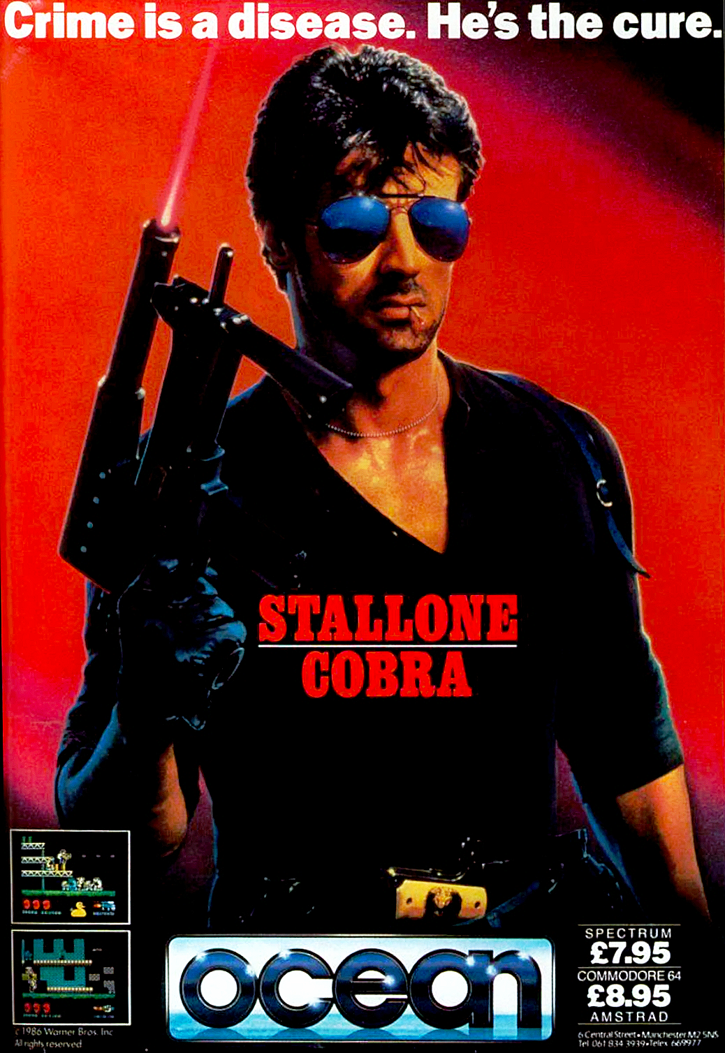 Image For Post | mstrad
Ocean Software released three different games based on the Sylvester Stallone action vehicle Cobra. The CPC version unleashes macho cop Marion 'Cobra' Cobretti onto the streets to protect fashion model Ingrid from the psychotic Night Slasher and his army of goons in eight side-scrolling levels.

All eight stages actually take place on the same (very long) game map; only the starting location differs. In each level, the goal is to meet a kill quota: a certain number of enemies must be taken out to advance automatically to the next stage. Enemies come running along the street, hide in trash cans or shoot from windows, armed with throwing knives, machine guns or rocket launchers. Also present: dive-bombing ducks(!). Cobra can take a few hits before he loses a life; an extra one is awarded every 10.000 points.

At the start, Cobra is unarmed and must punch out the bad guys, but some enemies leave behind hamburgers that when picked up give one of three weapon power-ups: a machine gun, a pistol or a throwing knife, each with only limited energy, which can be refilled by collecting another hamburger.

Starting in level three, Ingrid will appear and Cobra must follow and protect her. She can't be harmed though, at least until level six, when the Night Slasher appears. Failing to protect Ingrid means the loss of a life.

C64
Cobra on the C64 adapts the 1986 Sylvester Stallone movie like its counterparts on other 8-bit systems. It is similar to the Spectrum version, but features unique level designs and gameplay mechanics.

The player controls ultra-tough cop Cobra who must make his way through three side-scrolling levels: the cityscape, a rural area and a factory. Hordes of goons will try to kill him where he stands and attack with throwing knives, axes, grenades and guns. At the beginning, Cobra is unarmed and can only evade or punch out his enemies, but he can pick up weapon icons to increase his damage potential. Available are knives, grenades, a pistol and a machine gun (guns and ammo have to be collected separately). Ammunition for all weapons is limited. Cobra can refill his health by picking up hamburgers.

Not all that moves has to be killed: sometimes, innocent civilians cross Cobra's path. Shooting them will cost him a life. In levels one and three, Cobra also has to find fashion model Ingrid, then lead her along to the level exit.

Spectrum
This Green Beret-style arcade game follows the plot of the film starring Sylvester Stallone. As Stallone's Cobra character you must rescue Ingrid Knutsen before the Night Slasher gets to her. There are 3 levels of gameplay, set in a city, the countryside and a factory. All have multiple ledges and platforms to negotiate.

Cobra starts without a weapon, but he is tough enough to attack with a precisely timed head-butt, although this method of killing is risky, as it will kill Cobra if mistimed. Fortunately there are weapons to pick up along the way, by picking up hamburgers. The weapons include daggers, pistols and machine guns, but all are time-limited