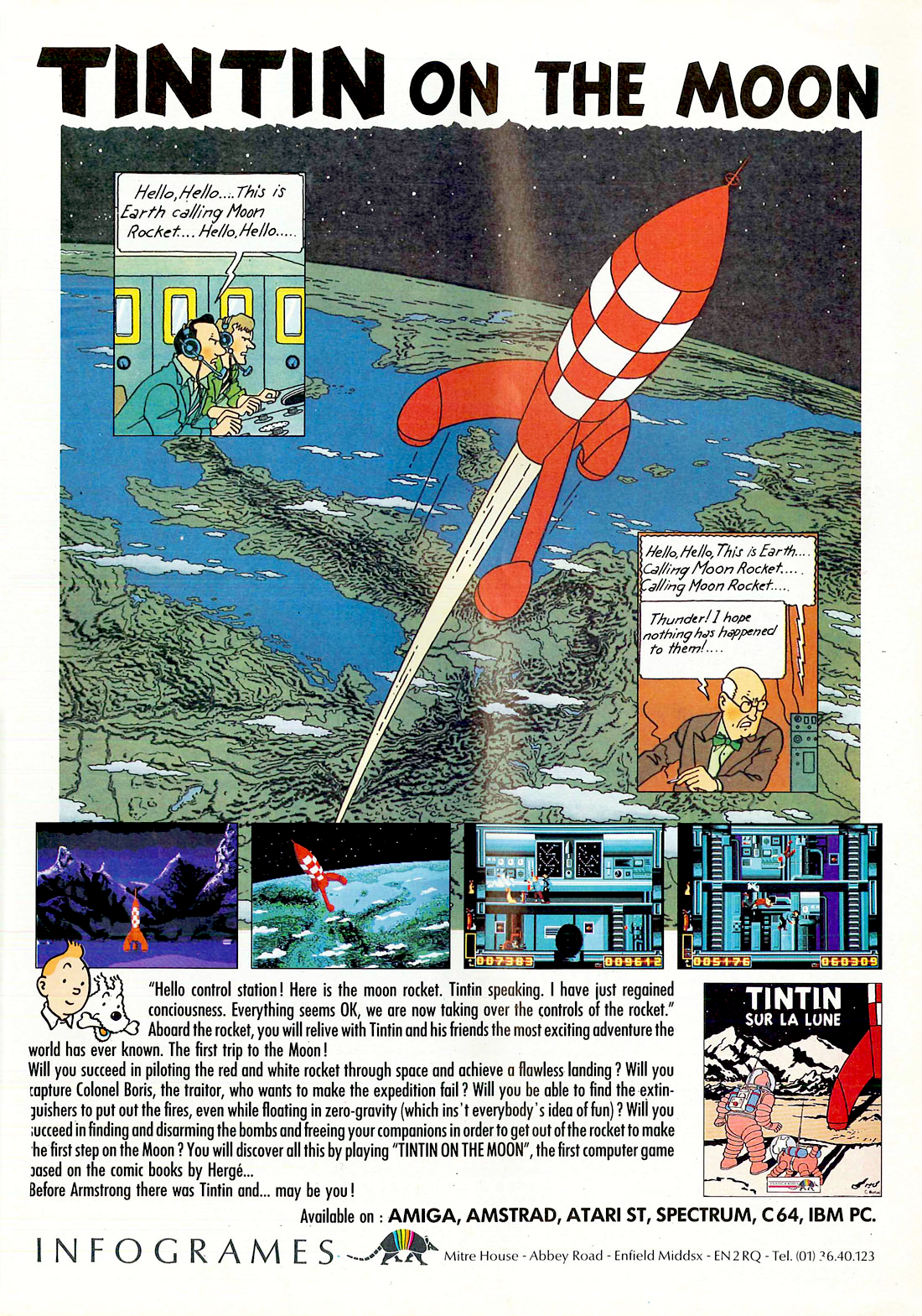 Image For Post | Hergé's famous cartoon character is brought to life in this multi-stage action game, specifically based around the episode of the same name. In many details the story was similar to the real moon landings, then many years off.

A more accurate title for the game would be 'Tintin Gets to the Moon', as reaching it is your challenge. The game is split into two distinct types of sections; the first of these involves guiding the rocket through space. Steer it to avoid contact with asteroids, and to collect eight red spheres. Yellow spheres boost energy, and so should be collected.

This is followed by a platform-based battle, as the evil Captain Jurgen has tied up several crew members, planted time bombs, and started several fires. Use your extinguisher on Jurgen and the fires, and touch the bombs and crew members to solve those problems. Turn gravity off to reach the more troublesome bombs.